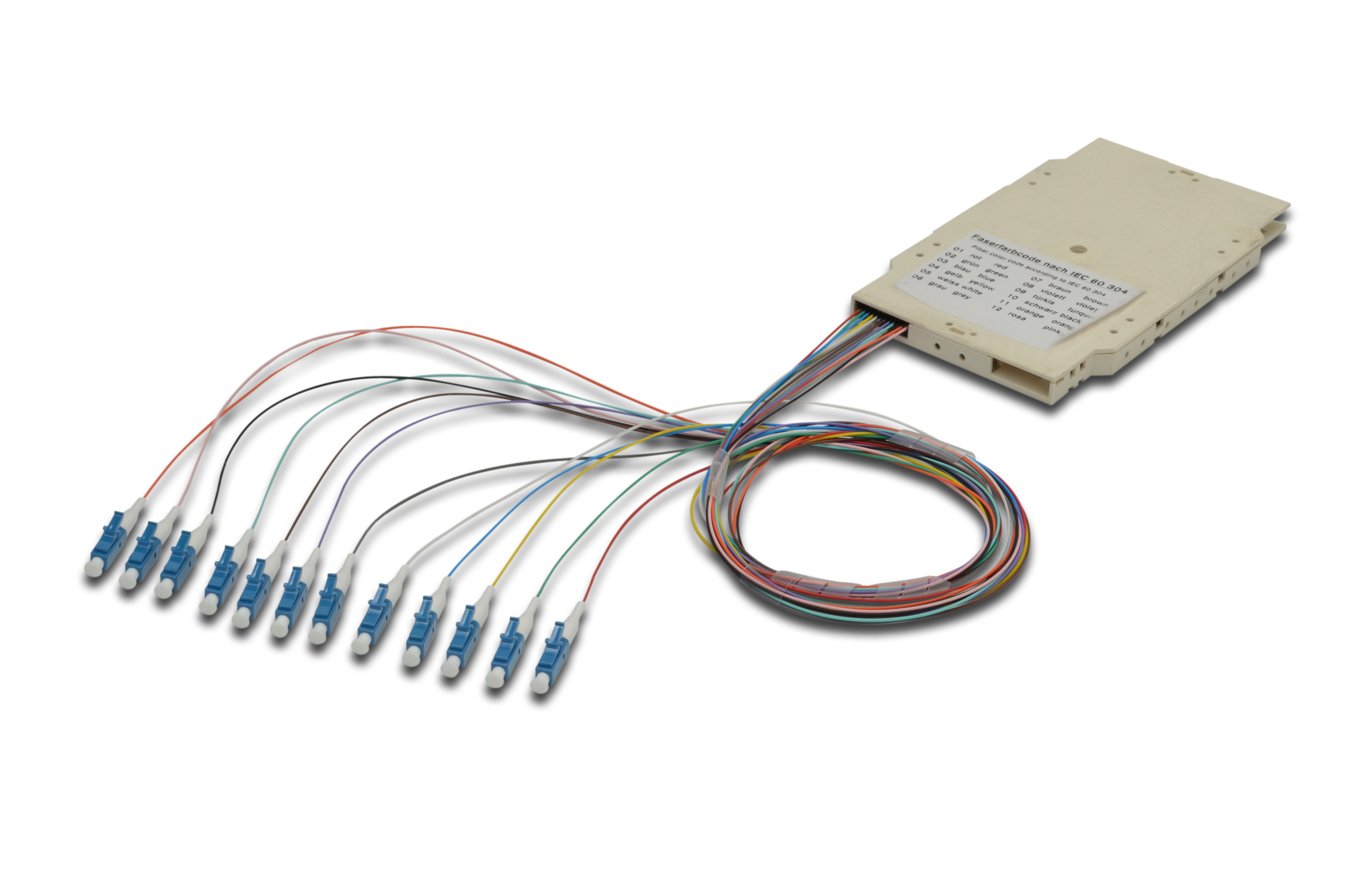 Splittercassette met 12 pigtails, voorgemonteerd, LC (APC), OS2