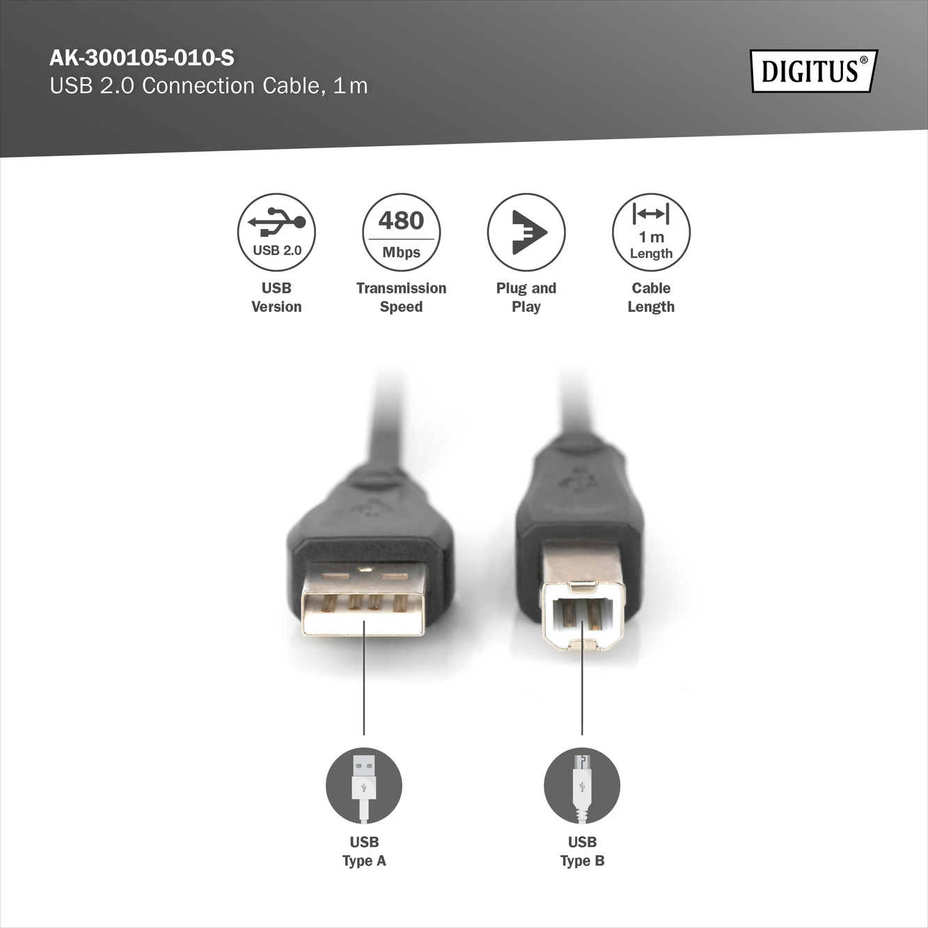 USB-A - USB-B aansluitkabel, 1m - Afbeelding 5