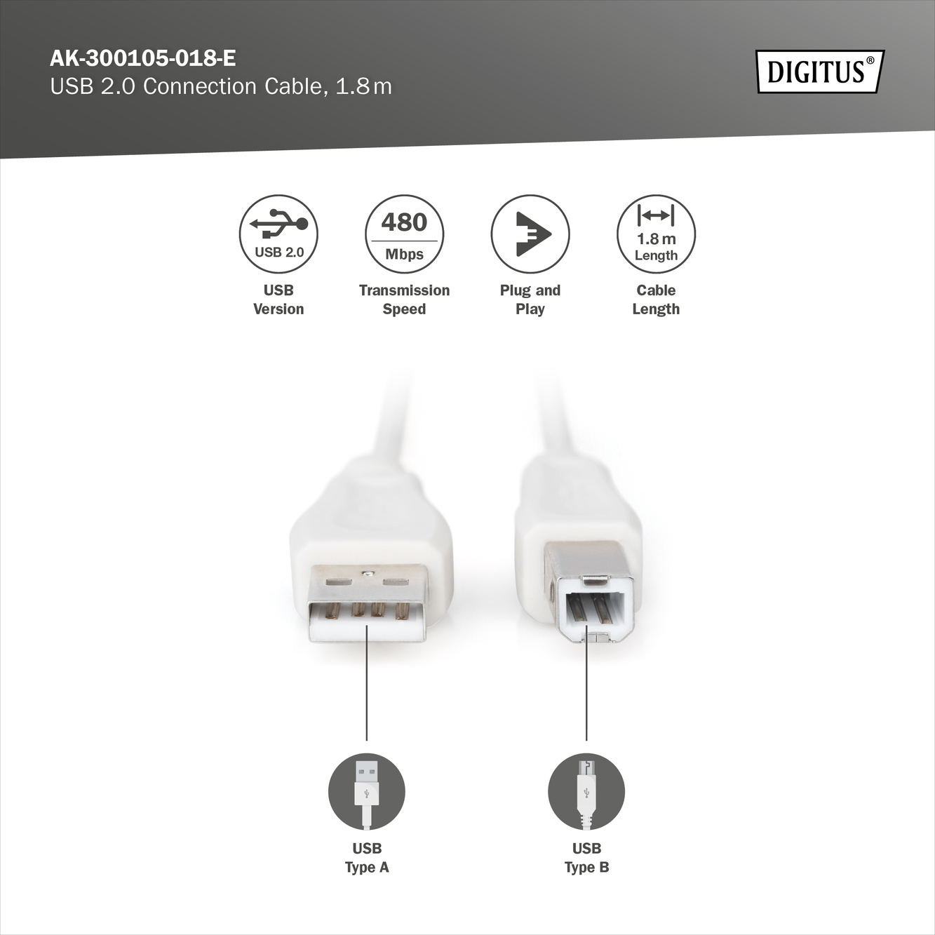 USB-A - USB-B aansluitkabel, 1,8 m - Afbeelding 3