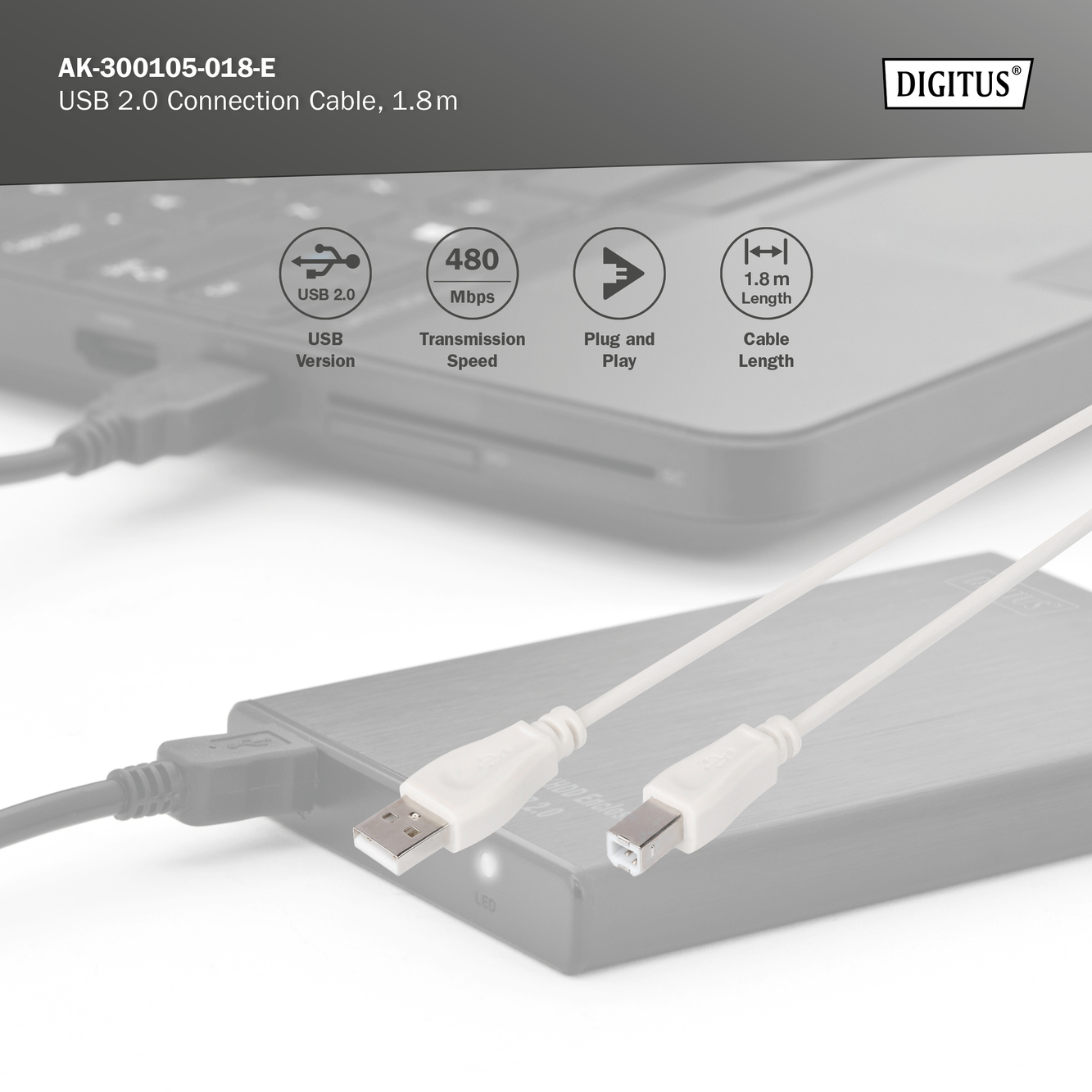 USB-A - USB-B aansluitkabel, 1,8 m - Afbeelding 5