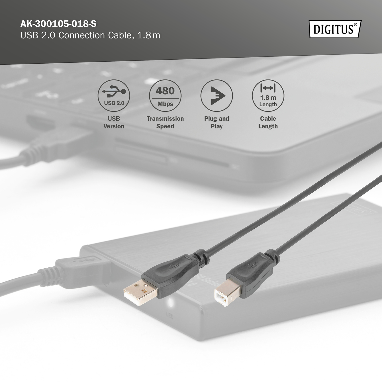 USB-A - USB-B aansluitkabel, 1,8 m - Afbeelding 4