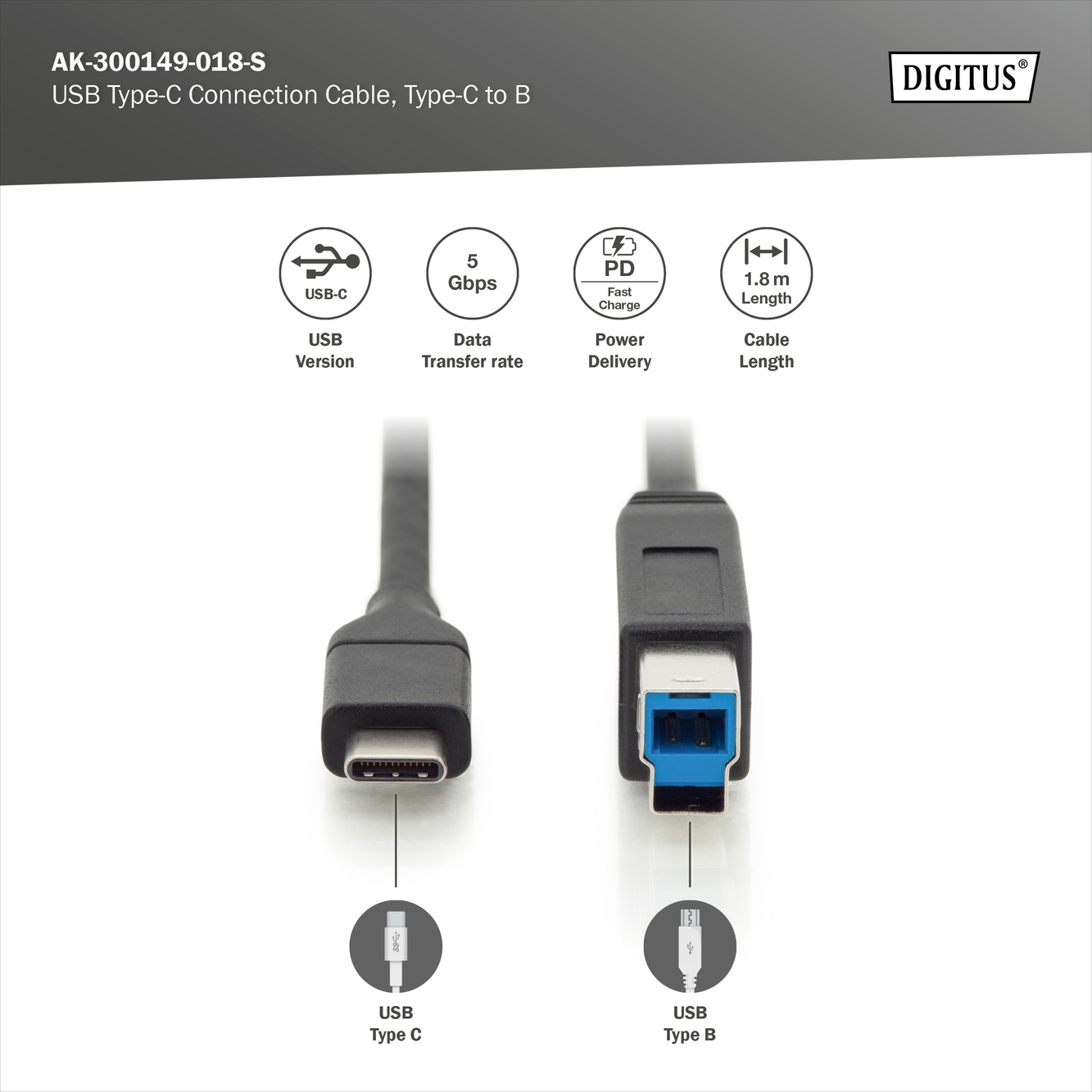 USB-C aansluitkabel, USB-C - USB-B - Afbeelding 3
