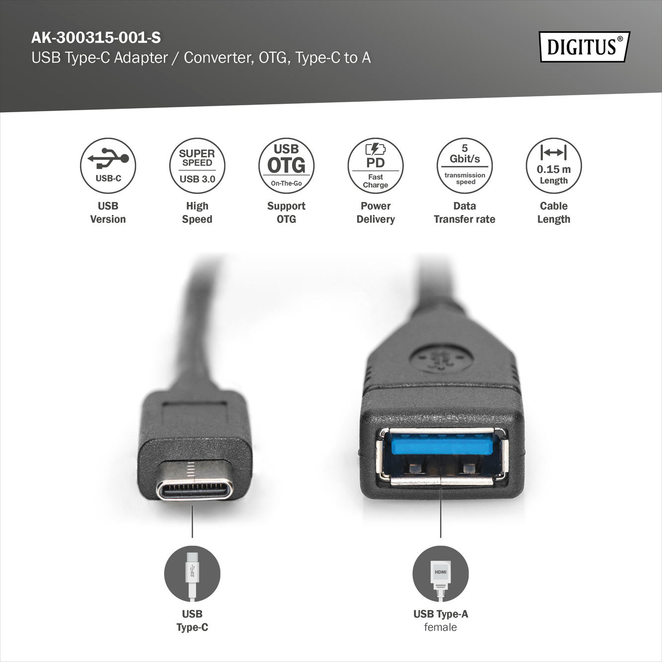USB-C - USB-A-adapter/-omzetter, OTG, 0,15 m - Afbeelding 6