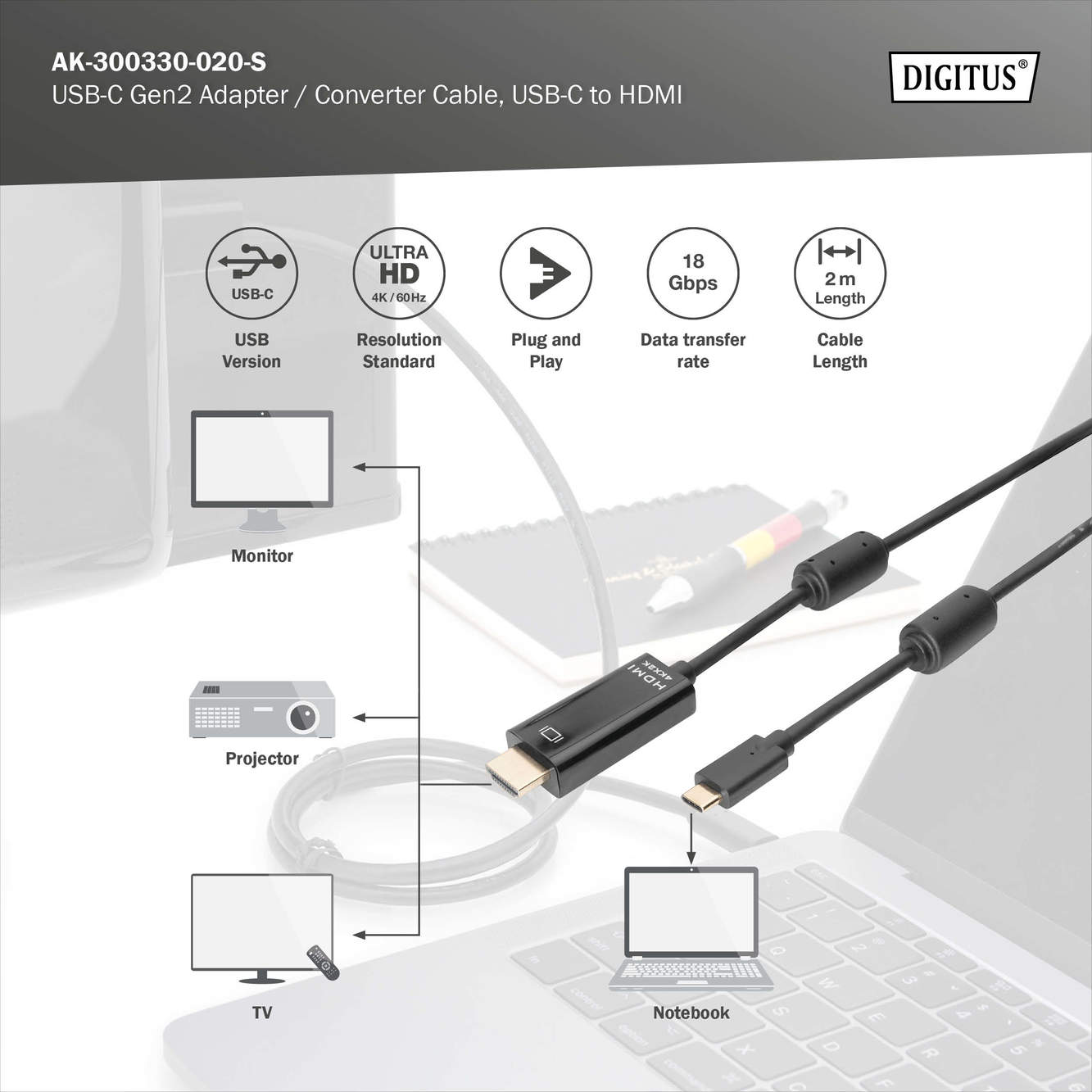 USB-C 3.2 Gen2 adapter / omvormkabel, USB-C - HDMI - Afbeelding 7