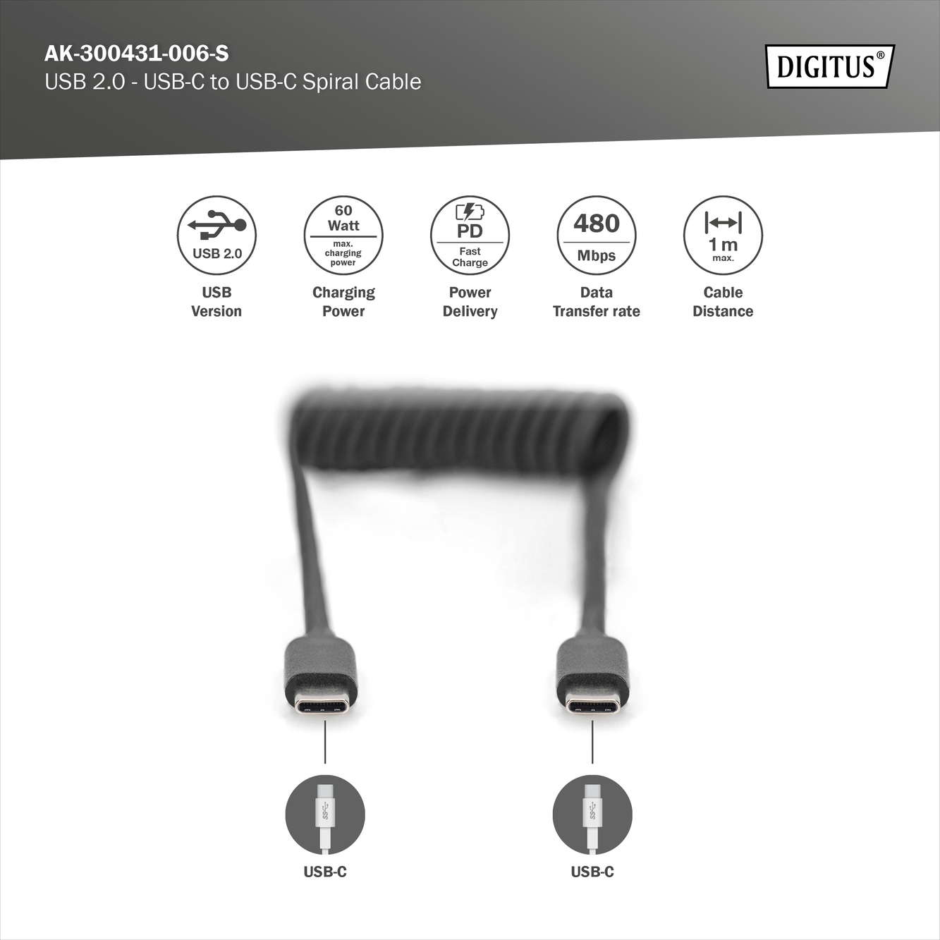 USB-C - USB-C spiraalkabel, 1m - Afbeelding 5
