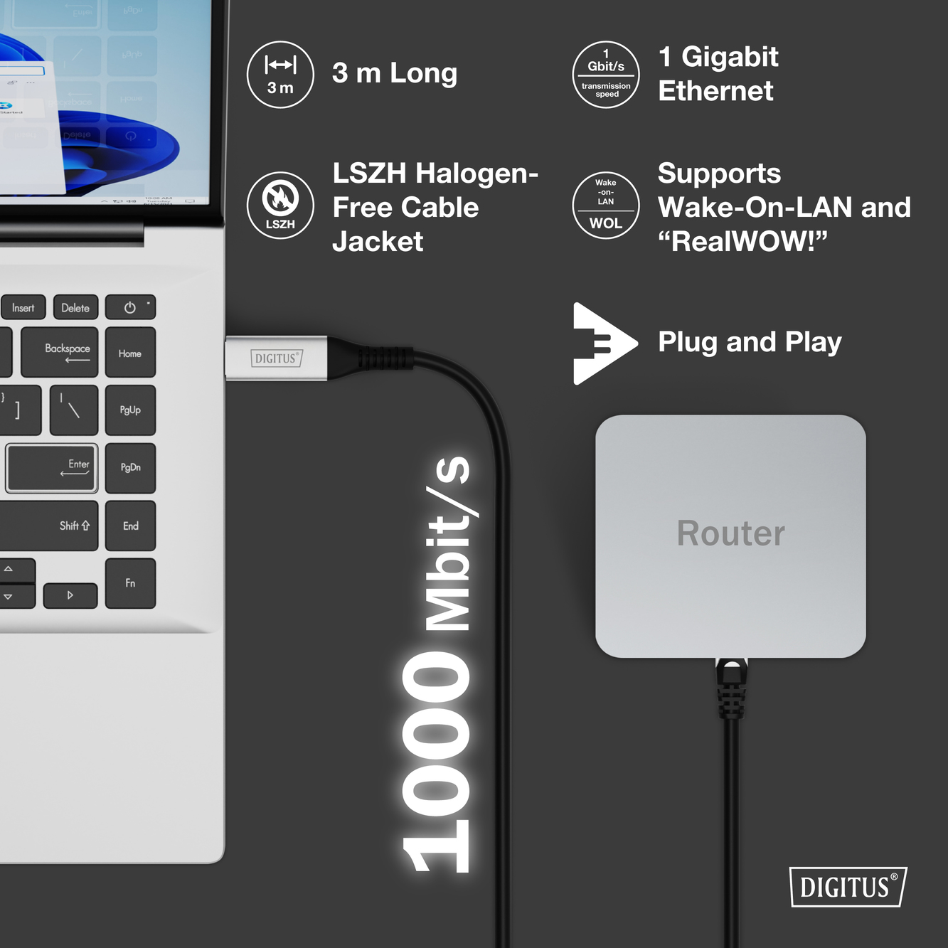USB-A - RJ45 Ethernetkabel, 1Gbit/s, 3m - Afbeelding 6