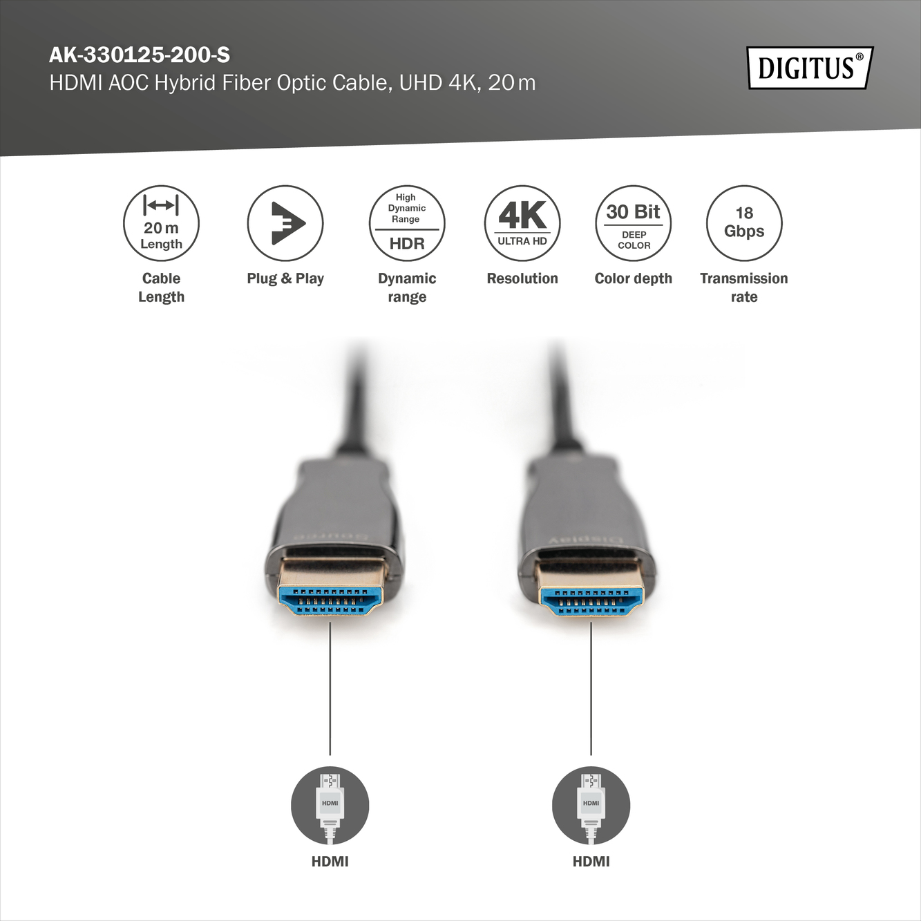 HDMI AOC hybride glasvezelkabel, UHD 4K, 20 m - Afbeelding 4