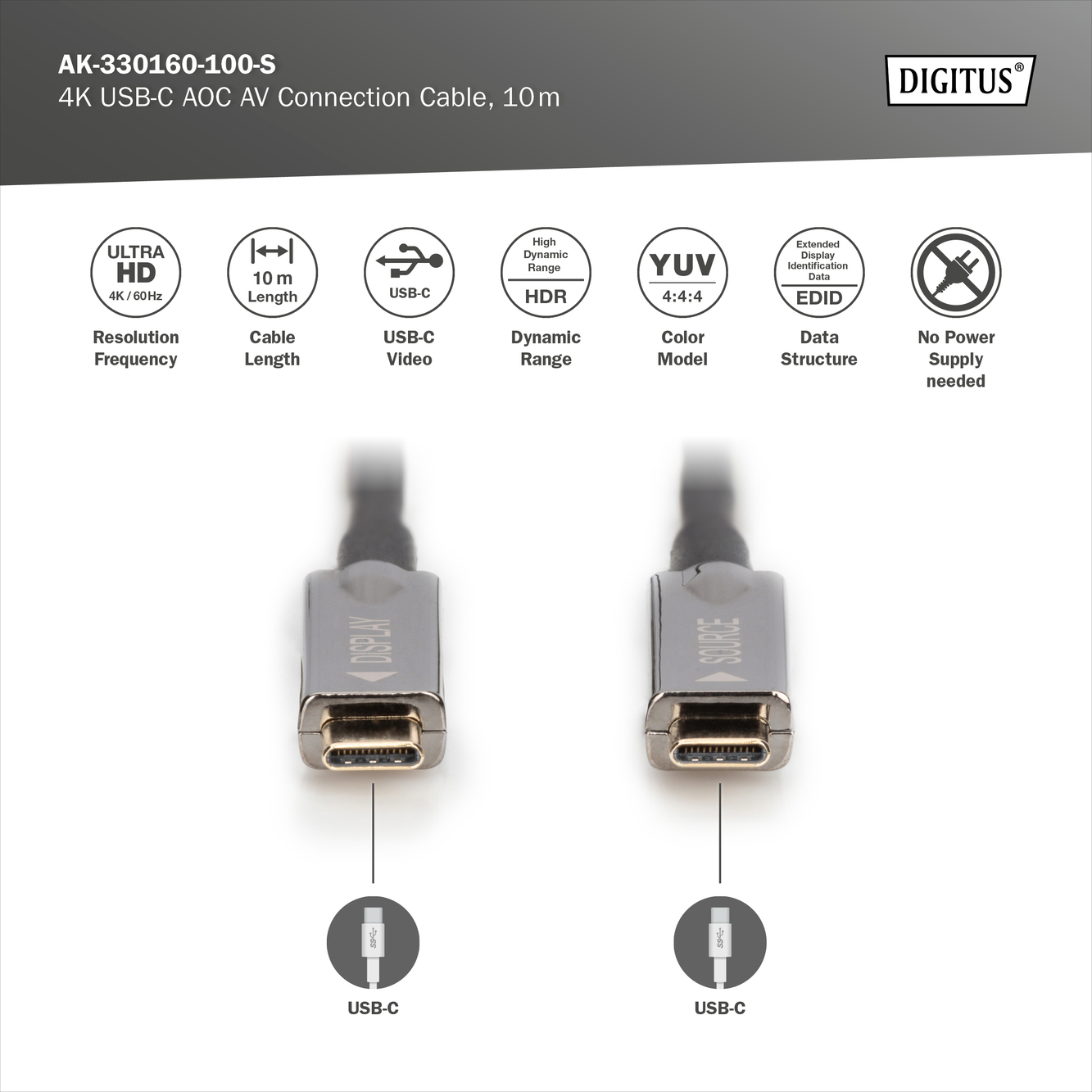 USB-C - USB-C AOC AV-kabel, UHD 4K / 60 Hz, 10 m - Afbeelding 3