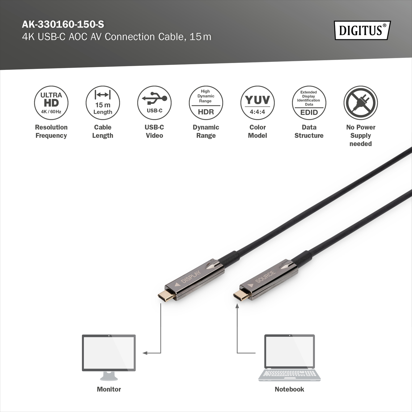 USB-C - USB-C AOC AV-kabel, UHD 4K / 60 Hz, 15m - Afbeelding 4