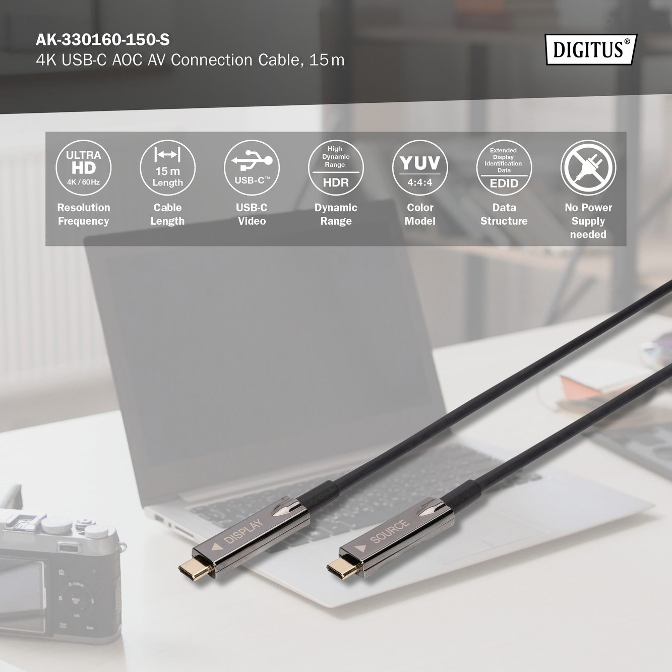 USB-C - USB-C AOC AV-kabel, UHD 4K / 60 Hz, 15m - Afbeelding 5