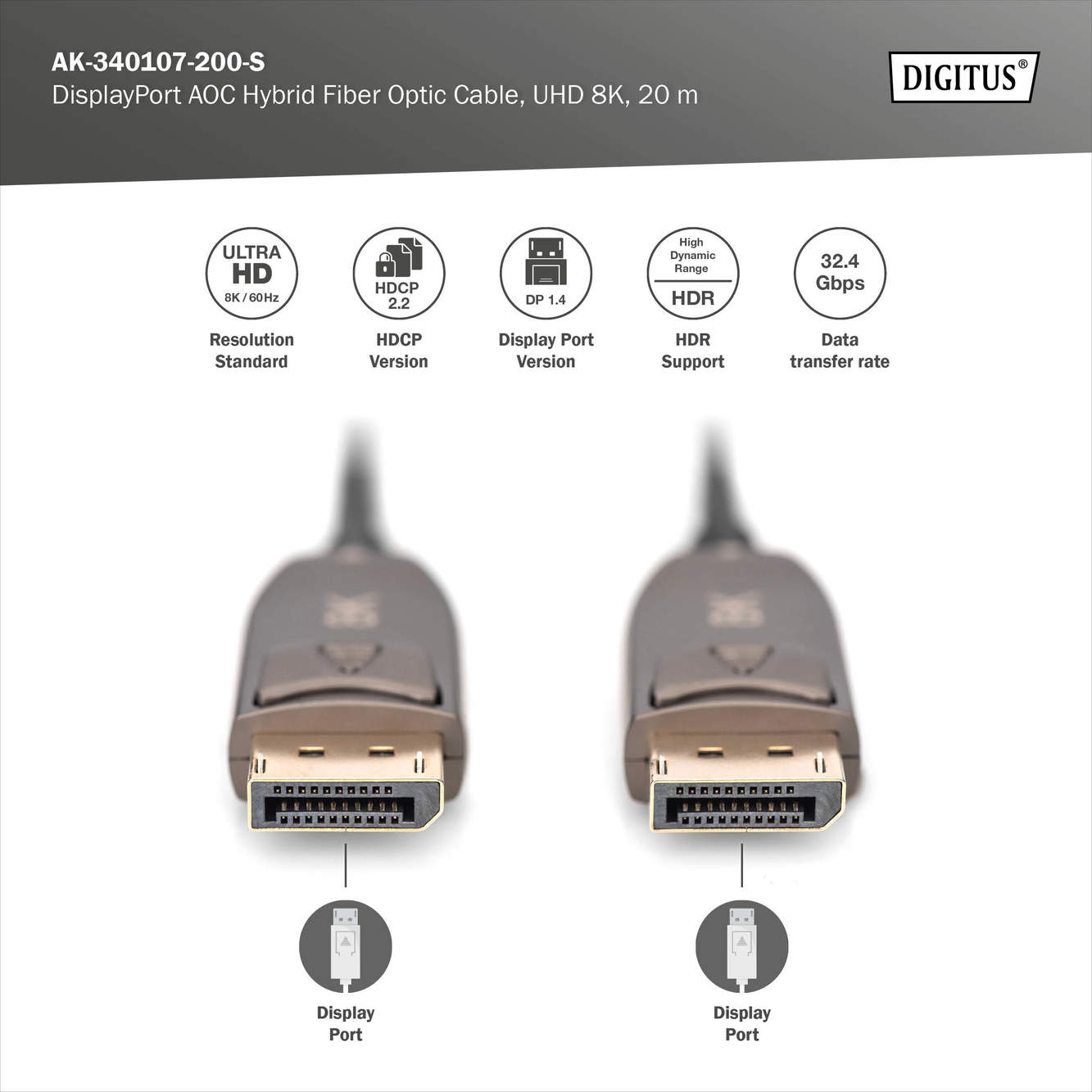 DisplayPort AOC hybride glasvezelkabel, UHD 8K, 20 m - Afbeelding 4