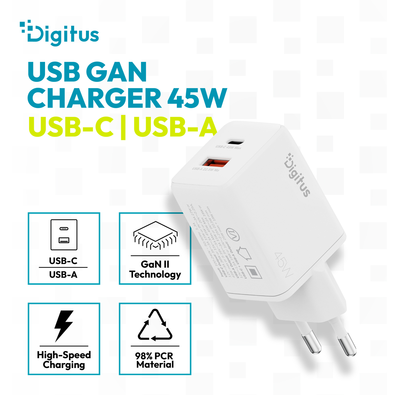 USB GaN-oplader 45 W, 1x USB-C, 1x USB-A - Afbeelding 3