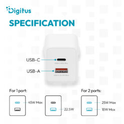 USB GaN-oplader 45 W, 1x USB-C, 1x USB-A - Afbeelding 4