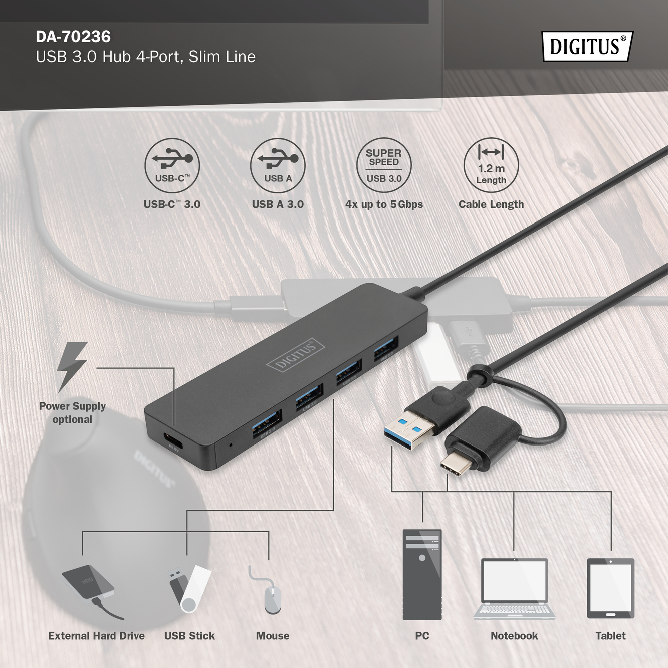 USB 3.0 hub 4-poorts, Slim Line - Afbeelding 3