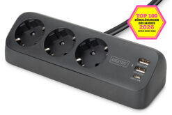 3-voudige stekkerdoos met 2x USB-A en 1x USB-C aansluitingen, zwart