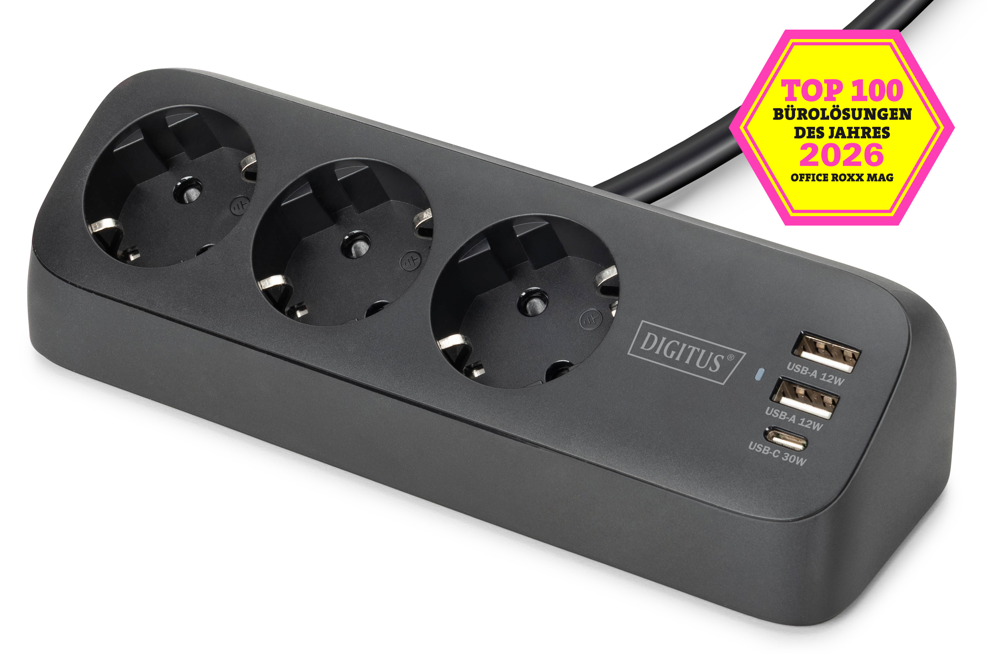 3-voudige stekkerdoos met 2x USB-A en 1x USB-C aansluitingen, zwart