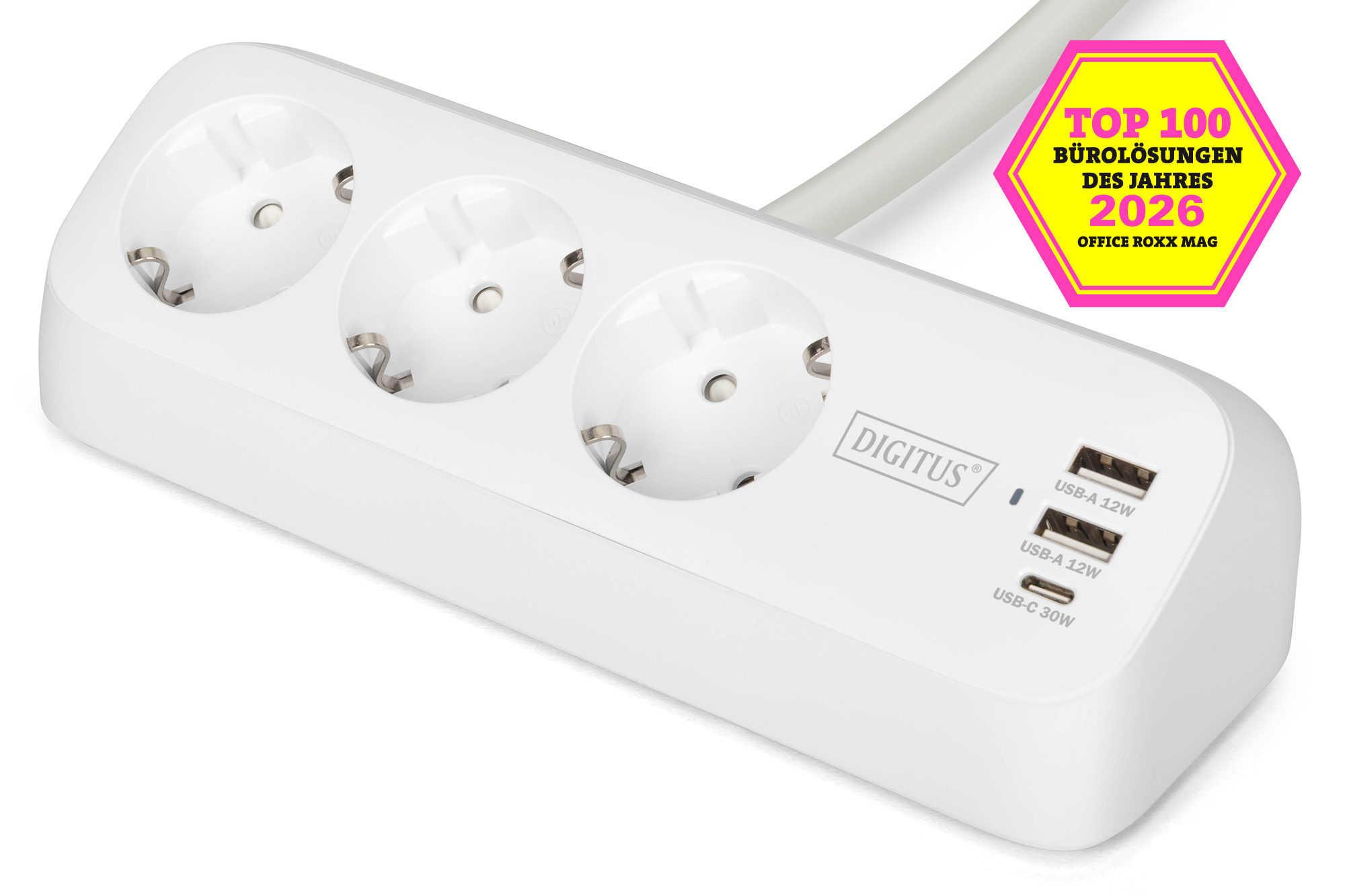 3-voudige stekkerdoos met 2x USB-A en 1x USB-C aansluitingen, wit