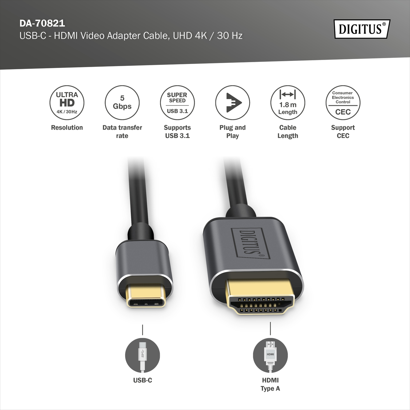 USB-C - HDMI-videoadapterkabel, UHD 4K / 30 Hz - Afbeelding 7