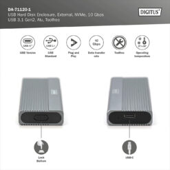 USB M.2 harde schijf behuizing, SSD, extern, NVMe , 10Gbps, USB 3.1 Gen2, aluminium, zonder gereedschap - Afbeelding 6