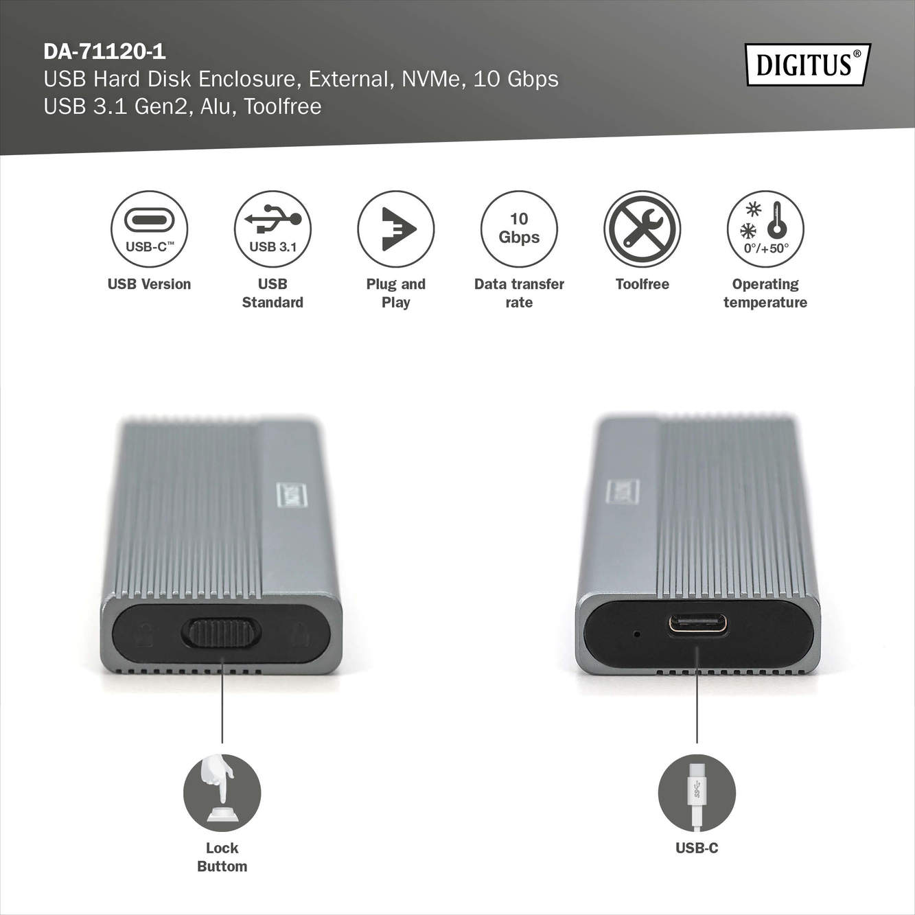 USB M.2 harde schijf behuizing, SSD, extern, NVMe , 10Gbps, USB 3.1 Gen2, aluminium, zonder gereedschap - Afbeelding 6