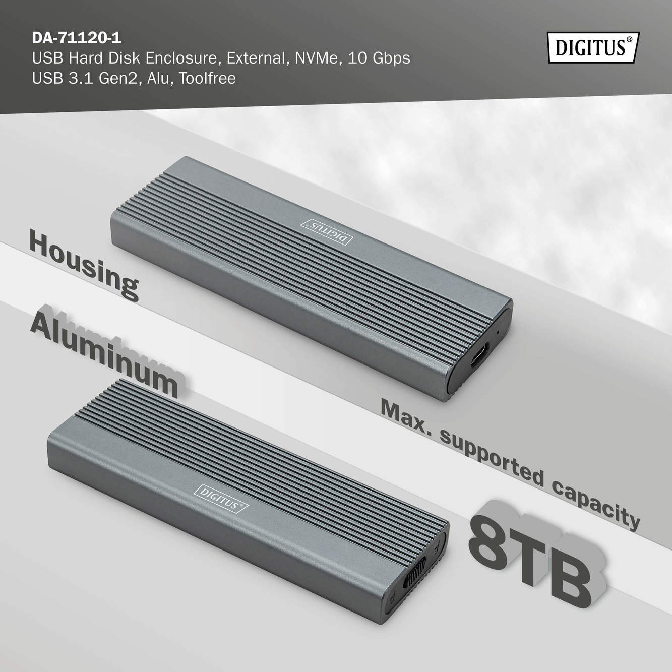 USB M.2 harde schijf behuizing, SSD, extern, NVMe , 10Gbps, USB 3.1 Gen2, aluminium, zonder gereedschap - Afbeelding 8