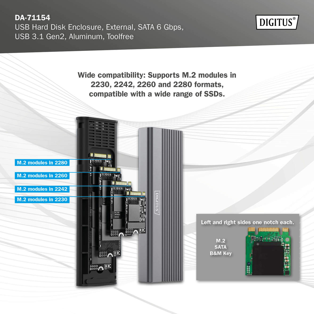 USB M.2 harde schijf behuizing, SSD, extern, SATA, 6Gbps, USB 3.1 Gen2, aluminium, zonder gereedschap - Afbeelding 7