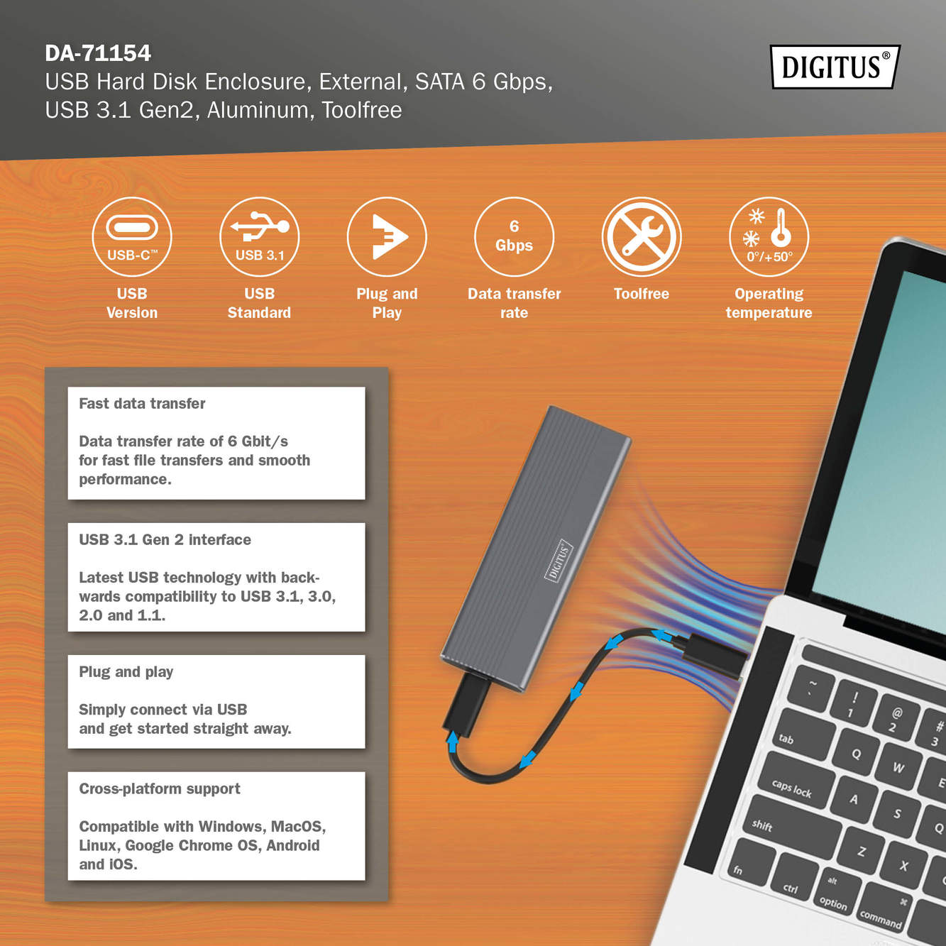 USB M.2 harde schijf behuizing, SSD, extern, SATA, 6Gbps, USB 3.1 Gen2, aluminium, zonder gereedschap - Afbeelding 8
