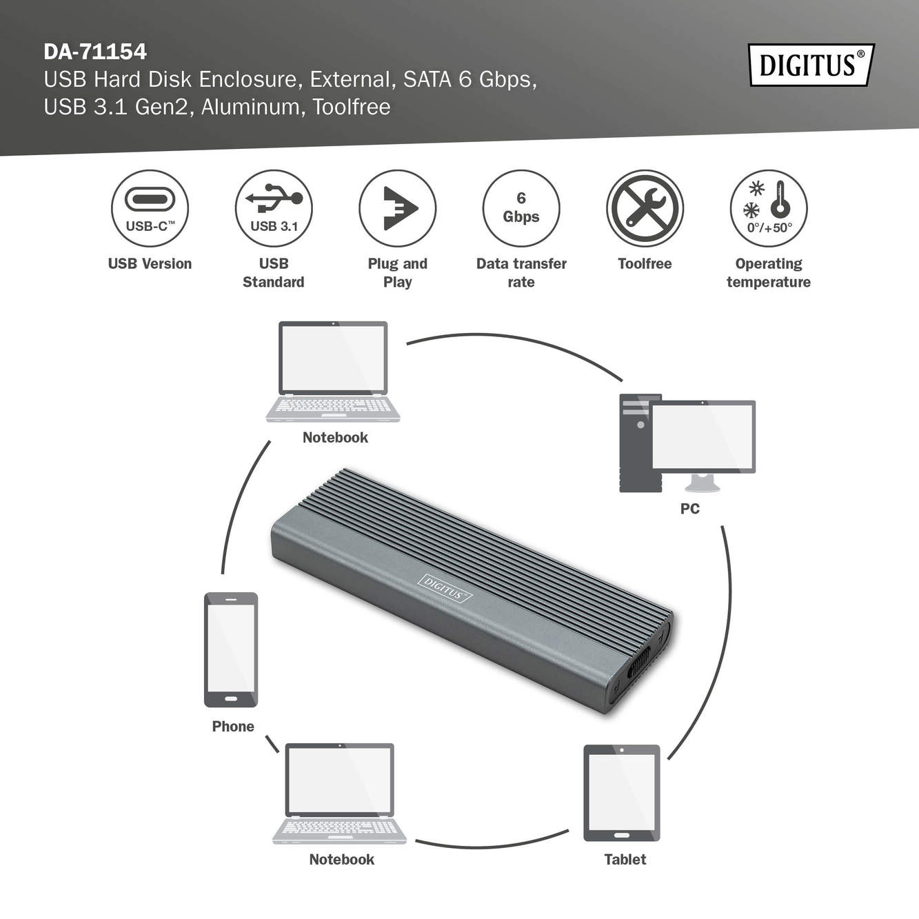 USB M.2 harde schijf behuizing, SSD, extern, SATA, 6Gbps, USB 3.1 Gen2, aluminium, zonder gereedschap - Afbeelding 6