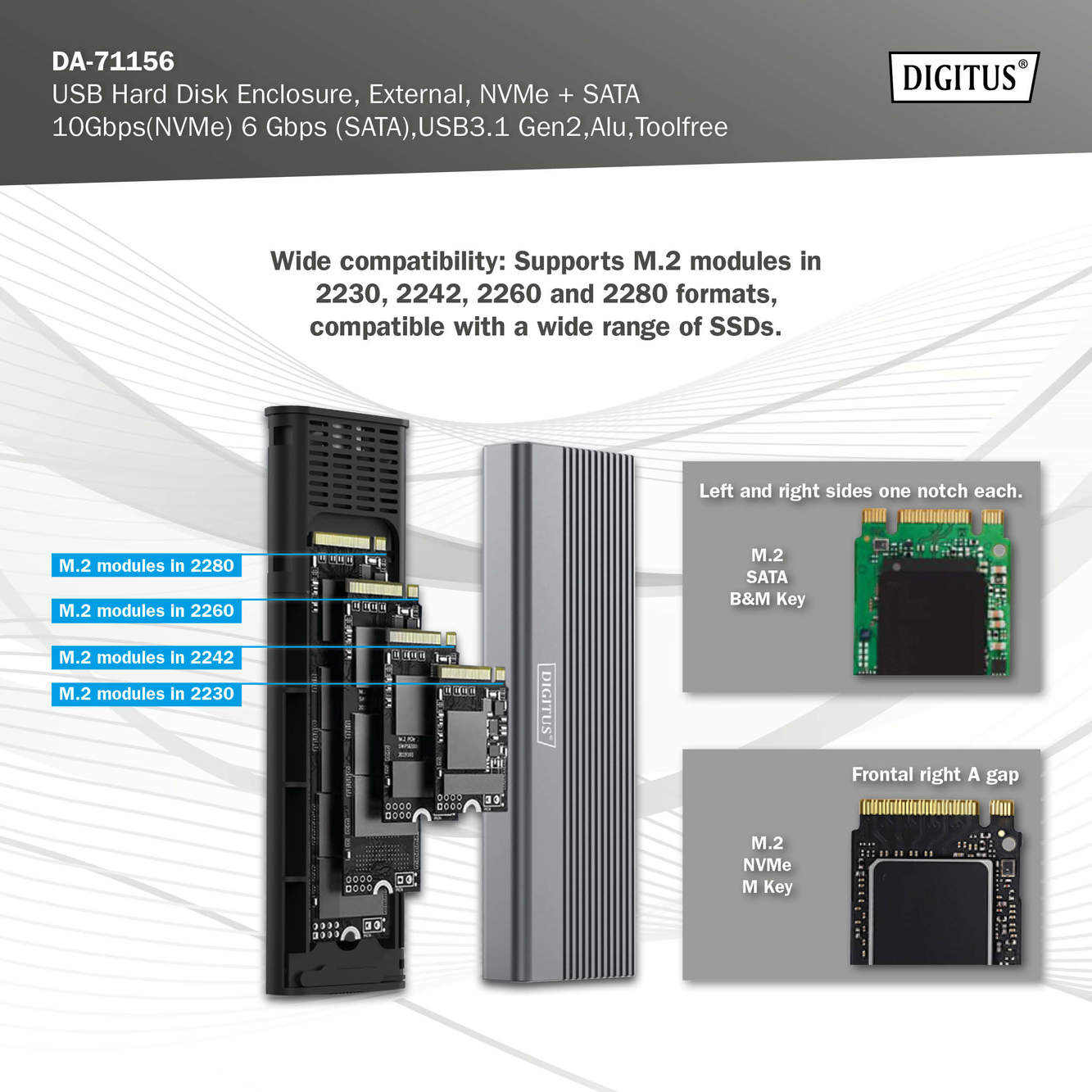 USB M.2 harde schijf behuizing, SSD, extern, NVMe + SATA, 10 Gbps (NVMe) 6 Gbps (SATA),USB3.1 Gen2, aluminium, zonder gereedschap - Afbeelding 7