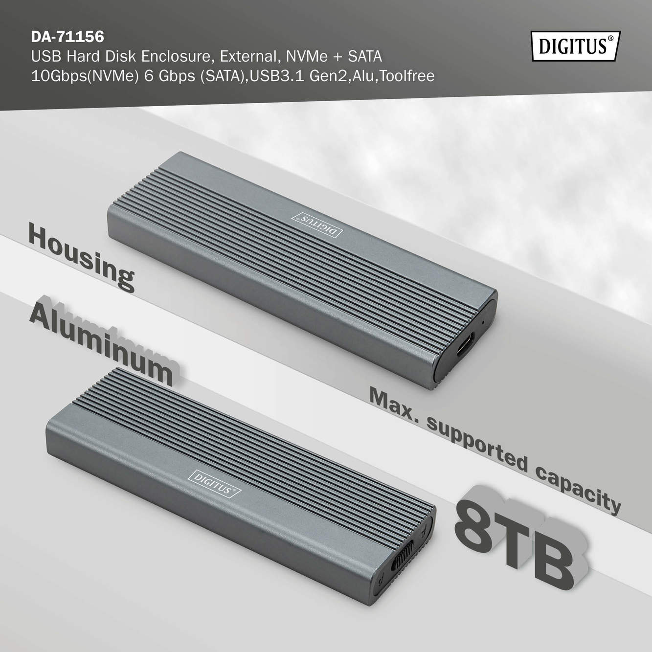 USB M.2 harde schijf behuizing, SSD, extern, NVMe + SATA, 10 Gbps (NVMe) 6 Gbps (SATA),USB3.1 Gen2, aluminium, zonder gereedschap - Afbeelding 8