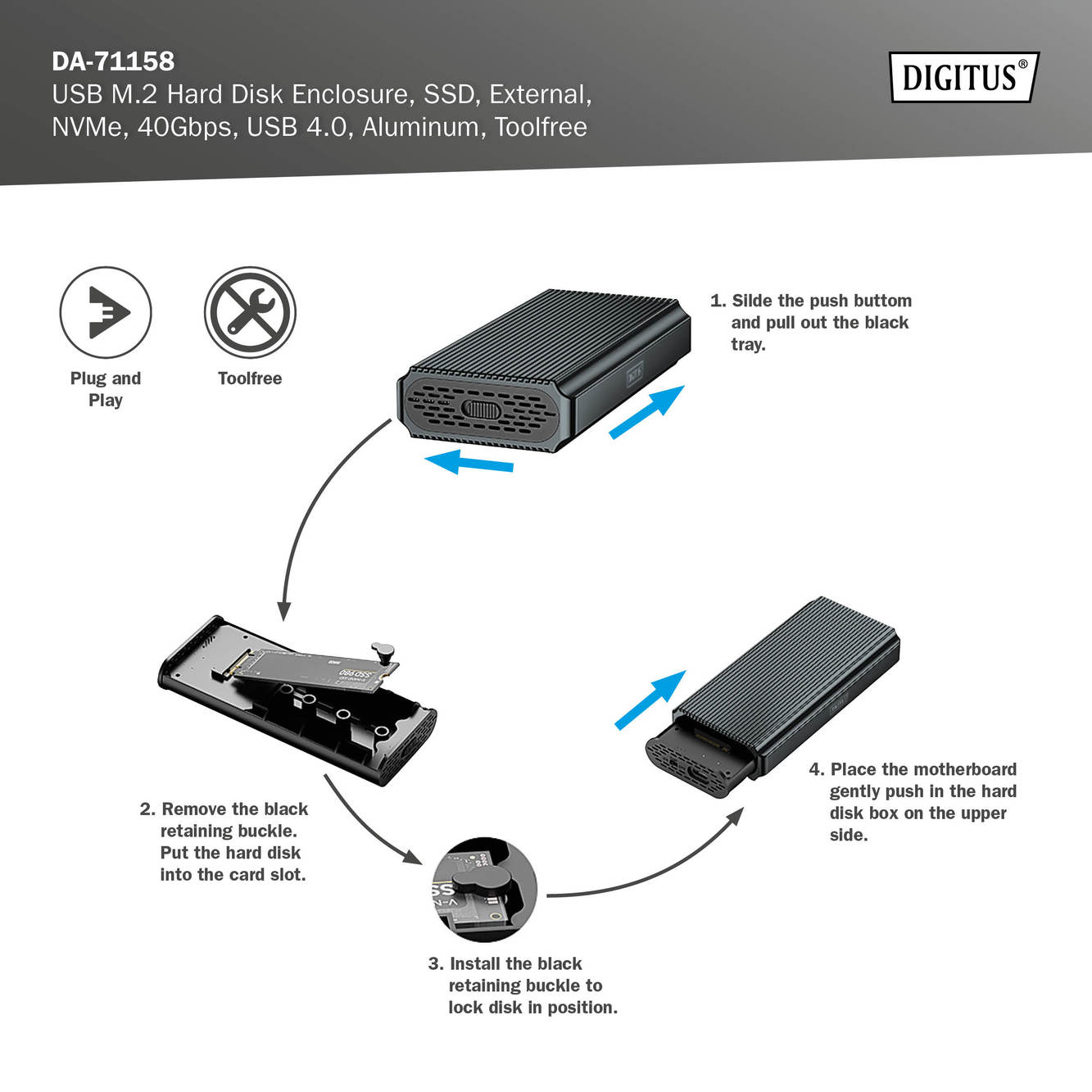 USB M.2-behuizing voor harde schijf, SSD, extern, NVMe, 40Gbps, USB 4.0, aluminium, zonder gereedschap - Afbeelding 8