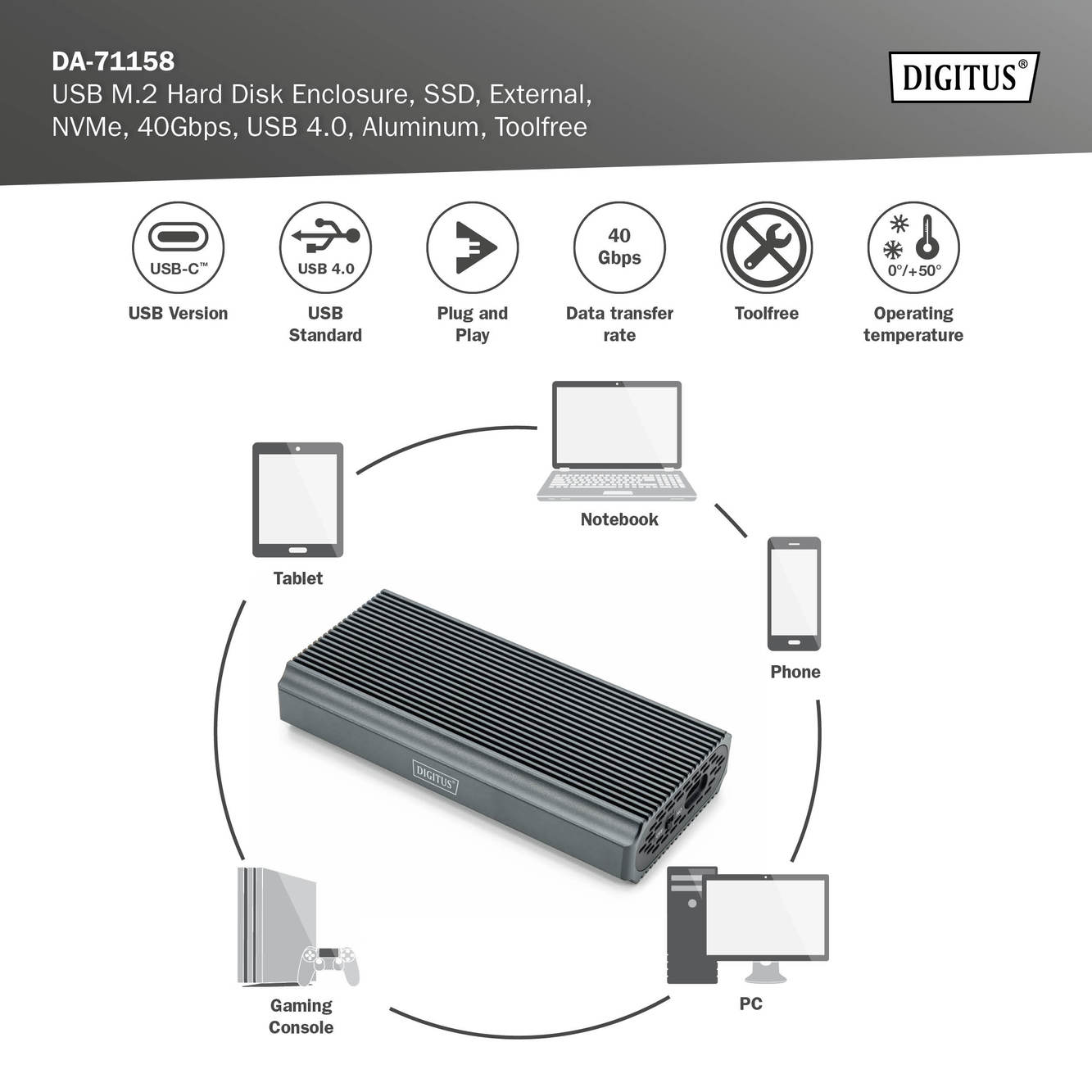 USB M.2-behuizing voor harde schijf, SSD, extern, NVMe, 40Gbps, USB 4.0, aluminium, zonder gereedschap - Afbeelding 6