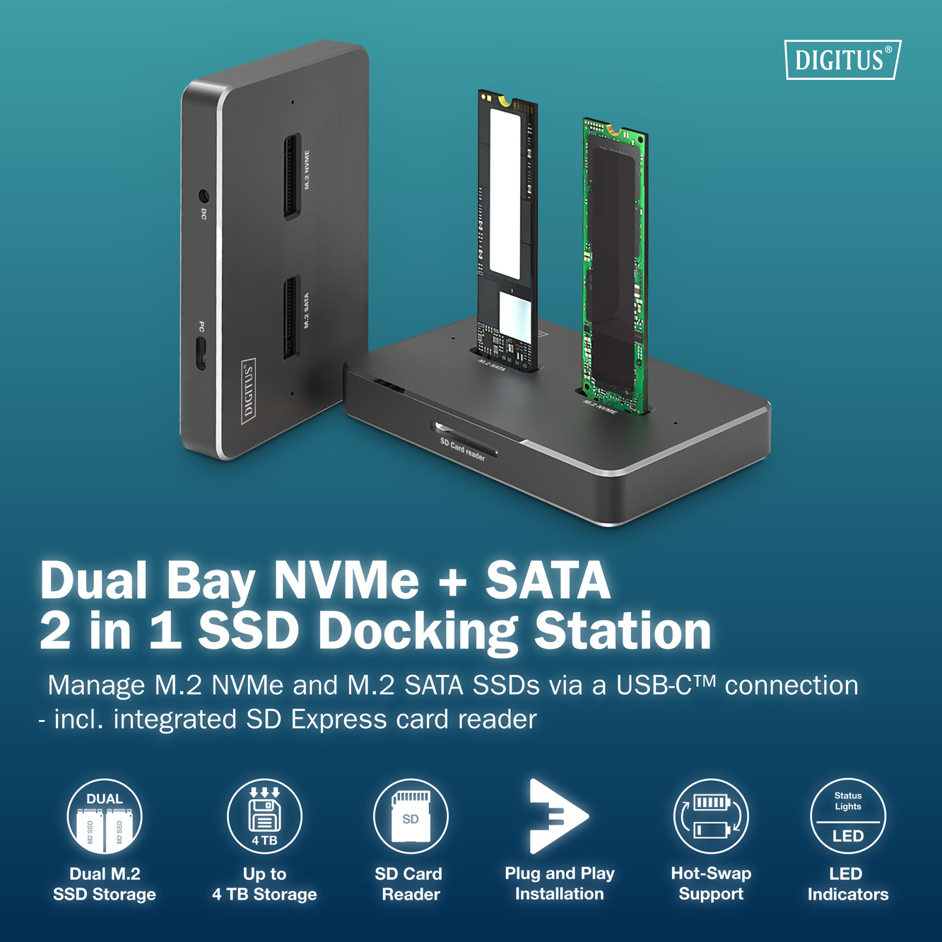 M.2 NVMe + M.2 SATA SSD docking station met SD Express kaartlezer, USB-C™ - Afbeelding 8