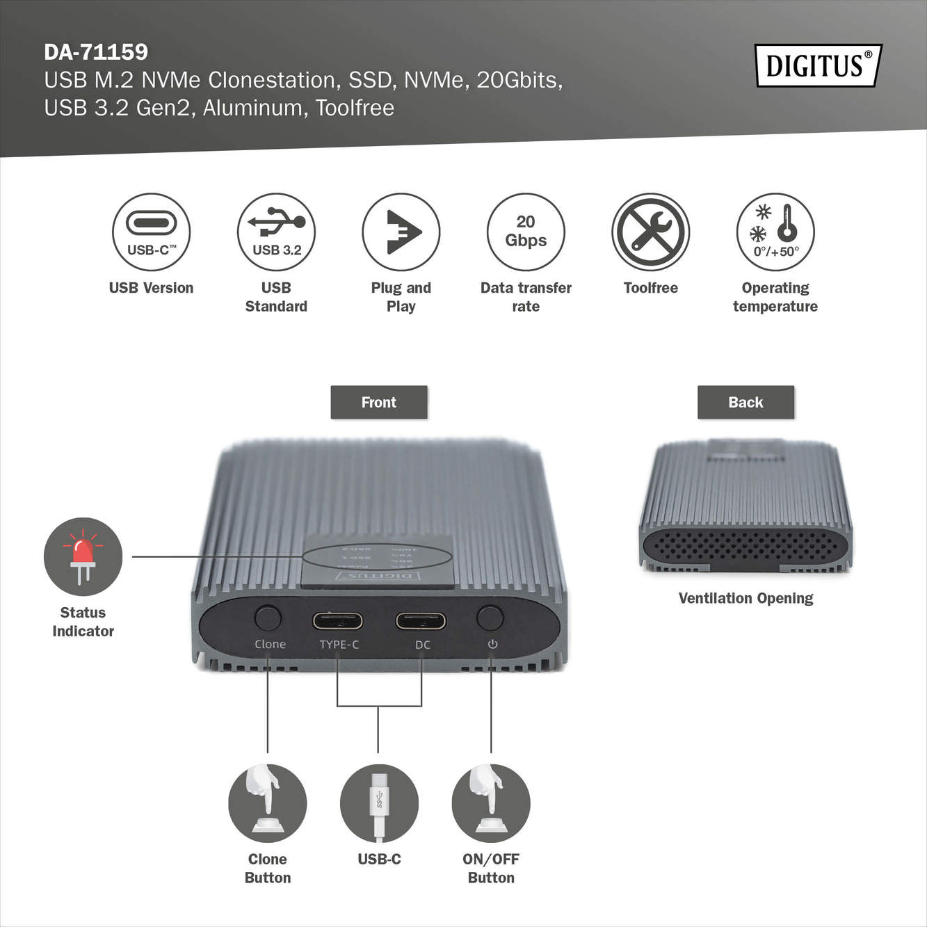 USB M.2 NVMe Clonestation, SSD, NVMe, 20Gbits, USB 3.2 Gen2, aluminium, zonder gereedschap - Afbeelding 6