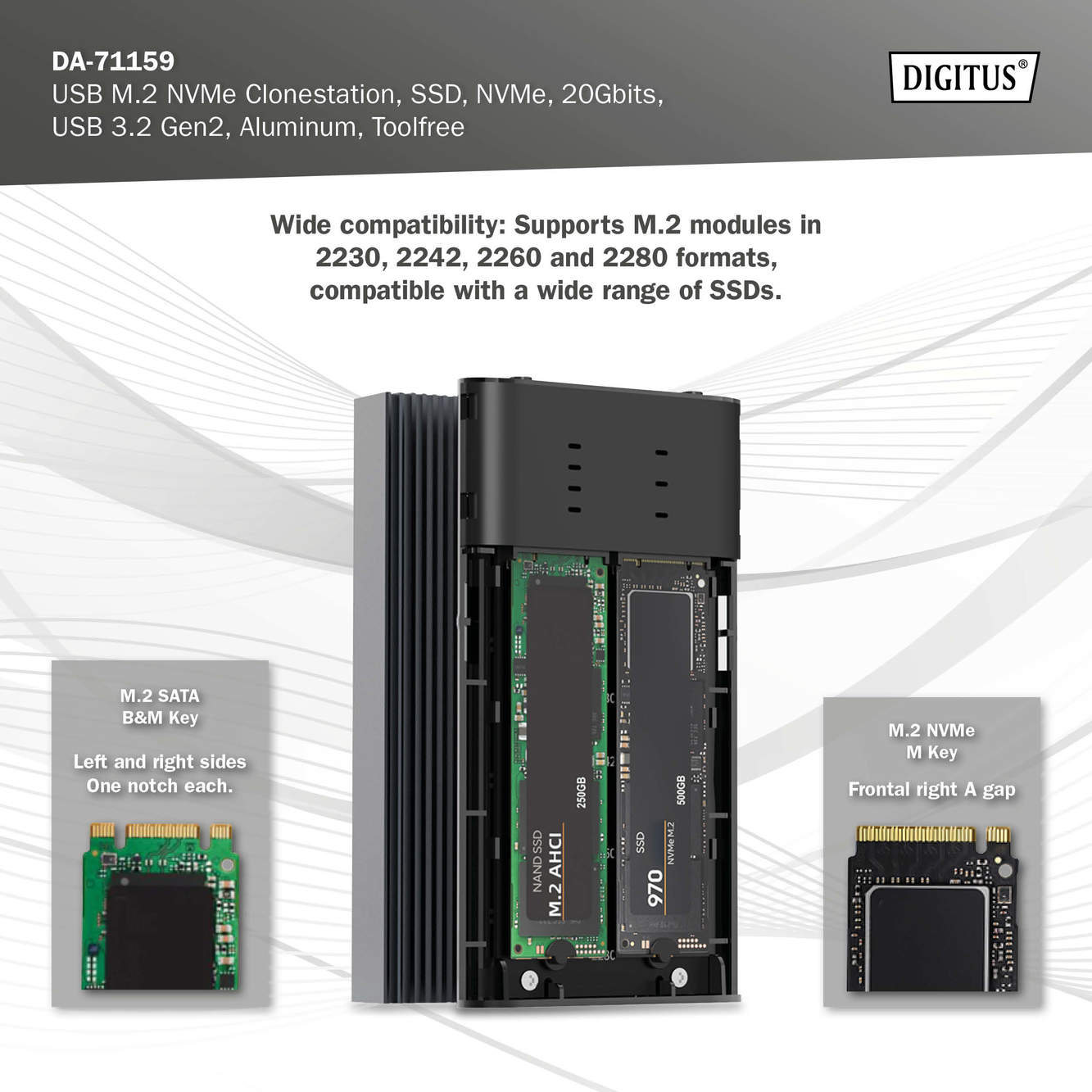 USB M.2 NVMe Clonestation, SSD, NVMe, 20Gbits, USB 3.2 Gen2, aluminium, zonder gereedschap - Afbeelding 7