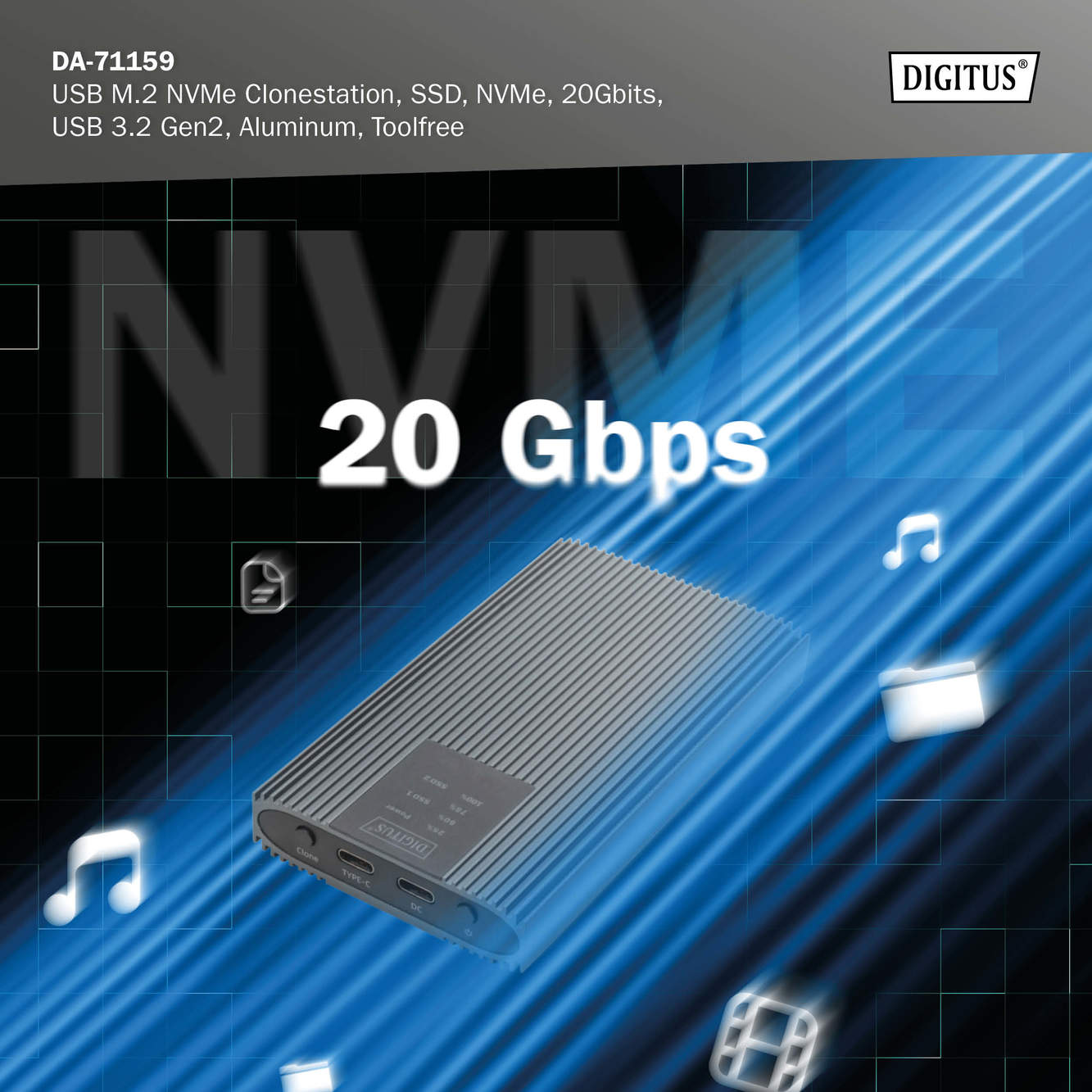 USB M.2 NVMe Clonestation, SSD, NVMe, 20Gbits, USB 3.2 Gen2, aluminium, zonder gereedschap - Afbeelding 8