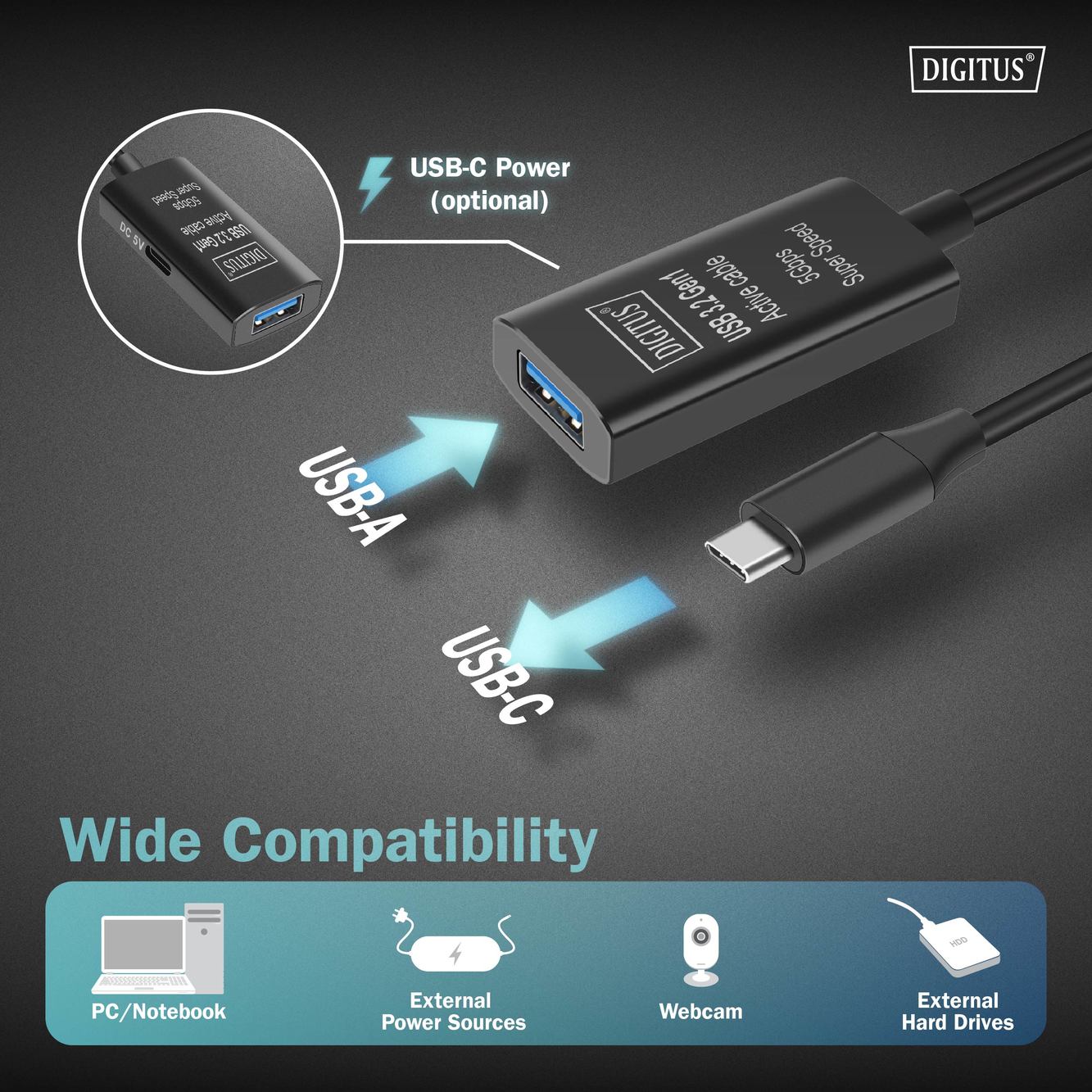 Actieve USB 3.2 Gen1 5G verlengkabel, USB-C - USB-A, 5m - Afbeelding 5