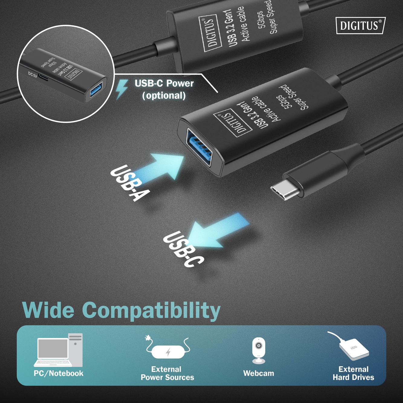 Actieve USB 3.2 Gen1 5G-verlengkabel, USB-C - USB-A, 10 m - Afbeelding 6