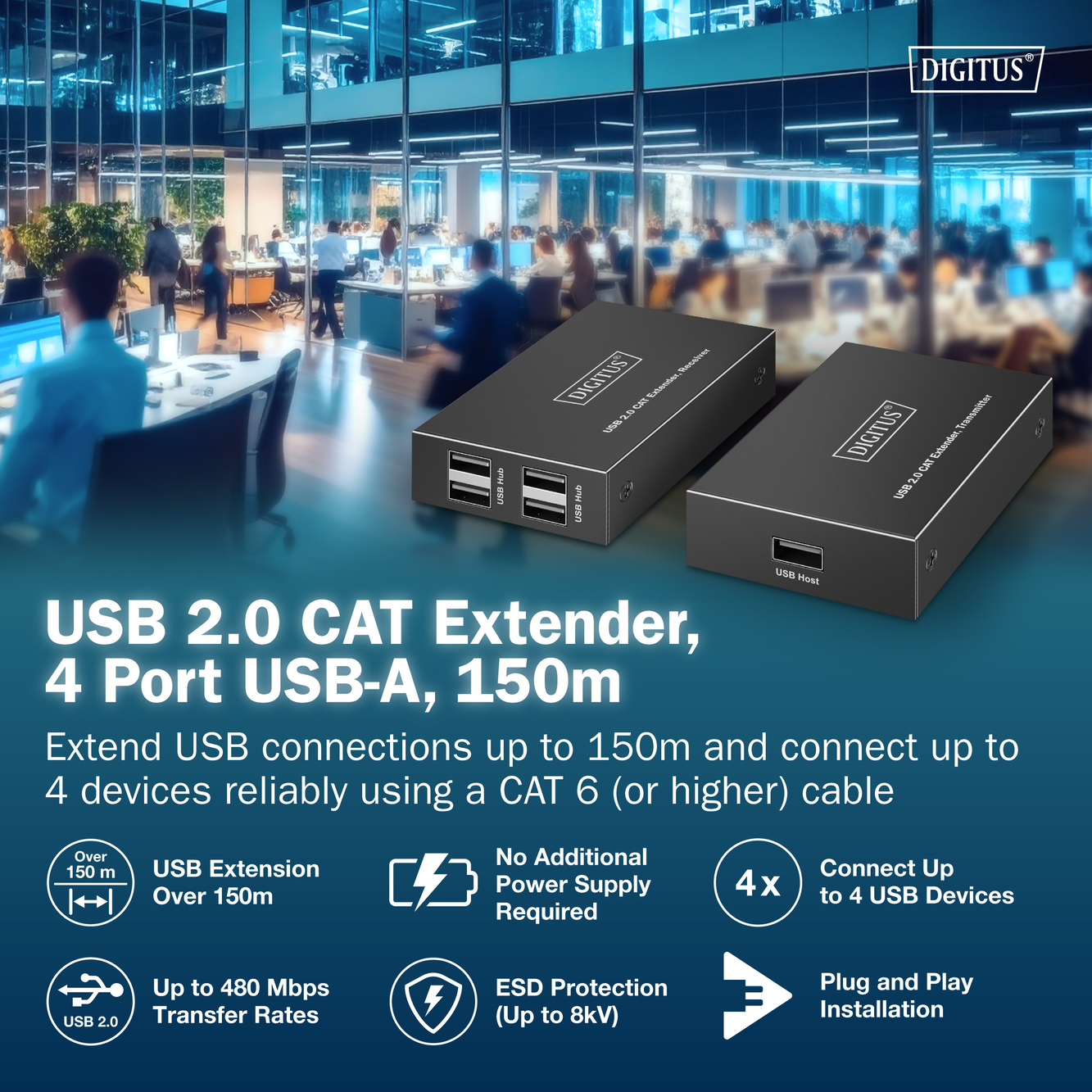 USB 2.0 CAT-verlengkabel, 4 USB-A-poorten, 150 m - Afbeelding 5