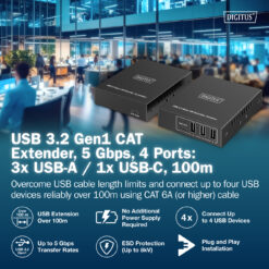 USB 3.2 Gen1 CAT-extender, 5 Gbps, 4 poorten: 3x USB-A / 1x USB-C, 100m - Afbeelding 5