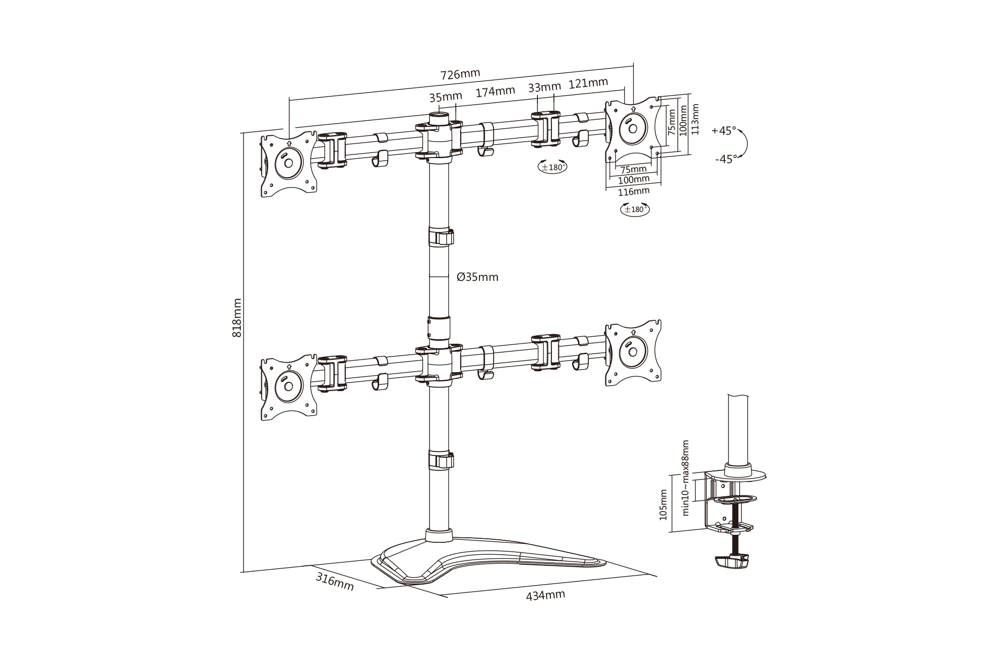 Viervoudige monitorbevestiging, 4x 27", 4x 8 kg - Afbeelding 5