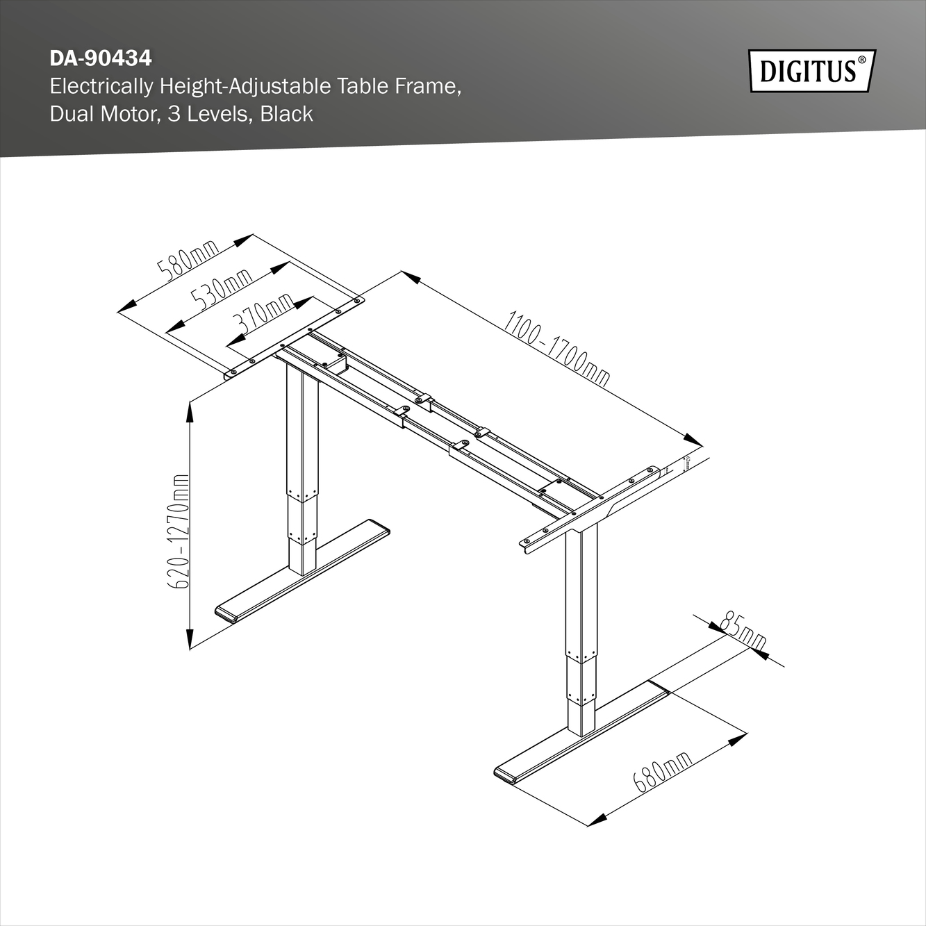 Elektrisch in hoogte verstelbaar tafelframe, dual motor, 3-traps, zwart - Afbeelding 8