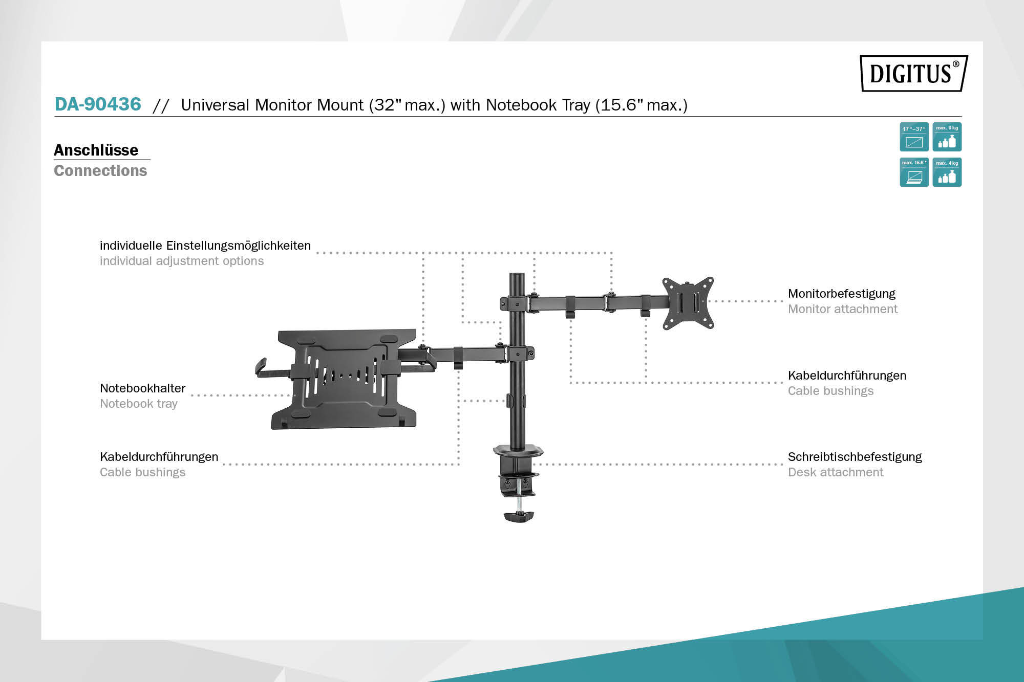 Enkele monitorbeugel & notebookbeugel, 1x32", 2x 9 kg - Afbeelding 7