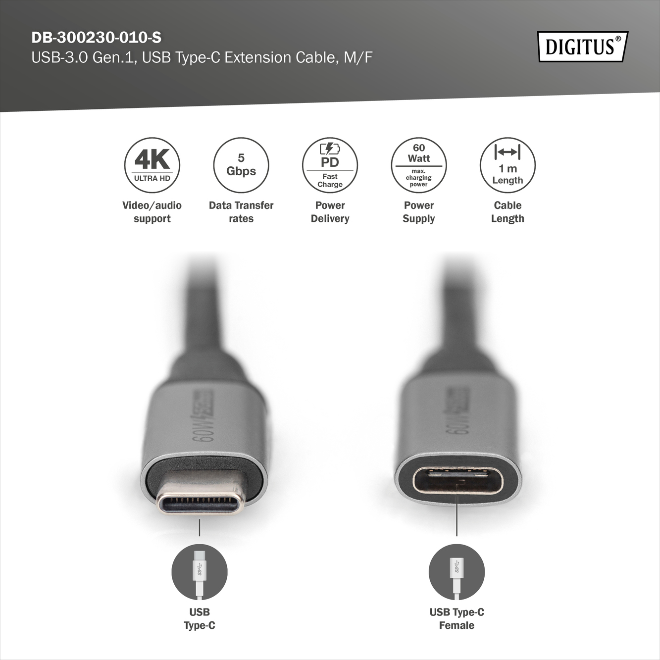 USB-C - USB-C verlengkabel, 1m - Afbeelding 3