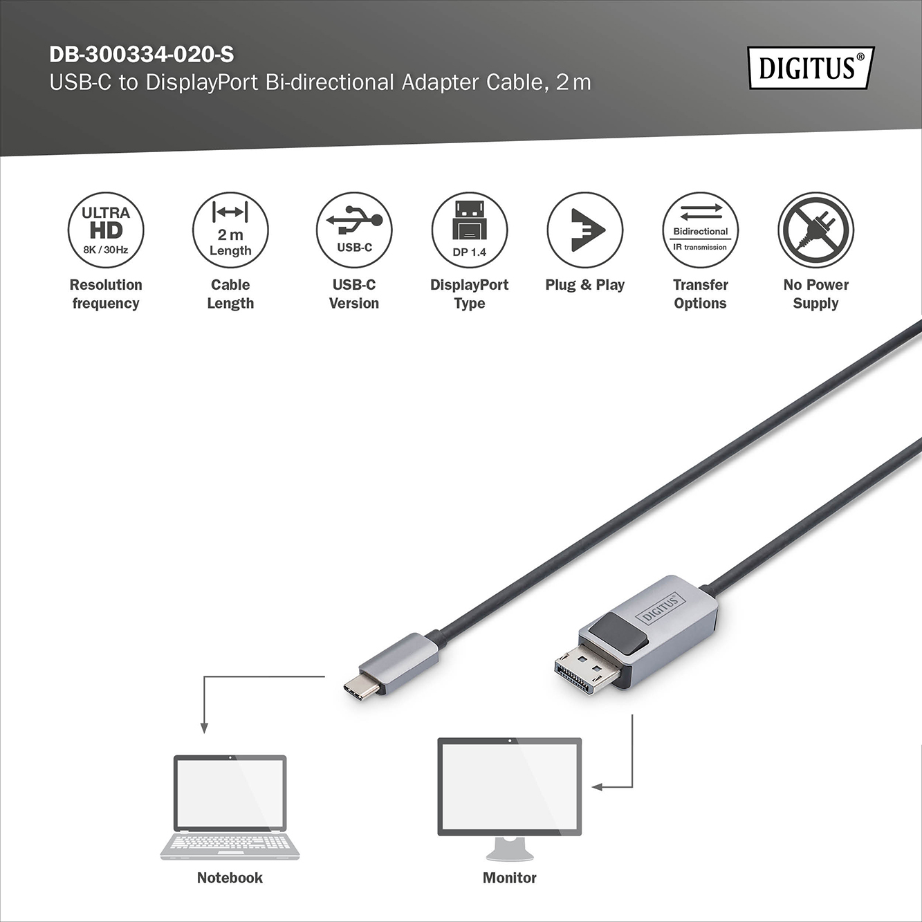 USB-C - DisplayPort-adapterkabel, 8K / 30 Hz - Afbeelding 4