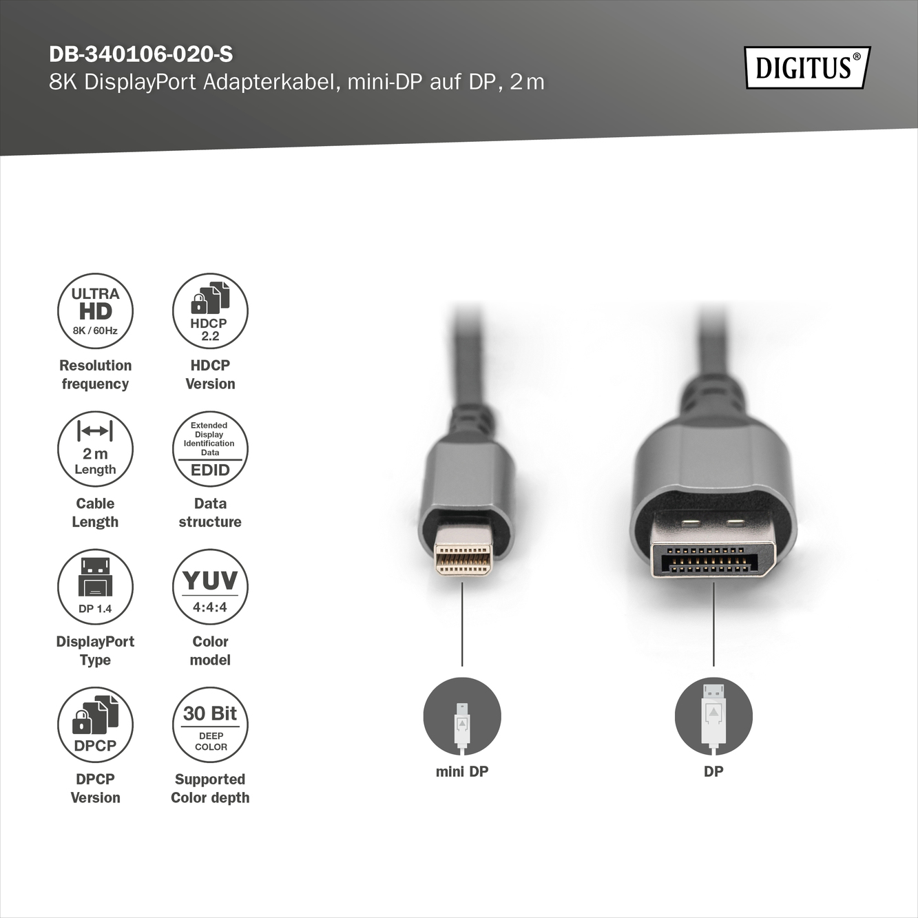 8K DisplayPort adapterkabel, mini-DP naar DP - Afbeelding 3