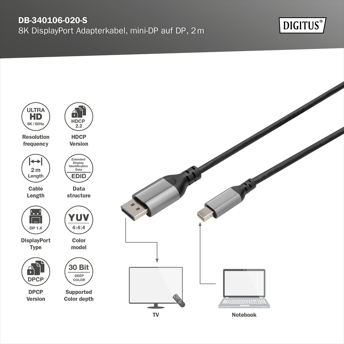 8K DisplayPort adapterkabel, mini-DP naar DP - Afbeelding 4