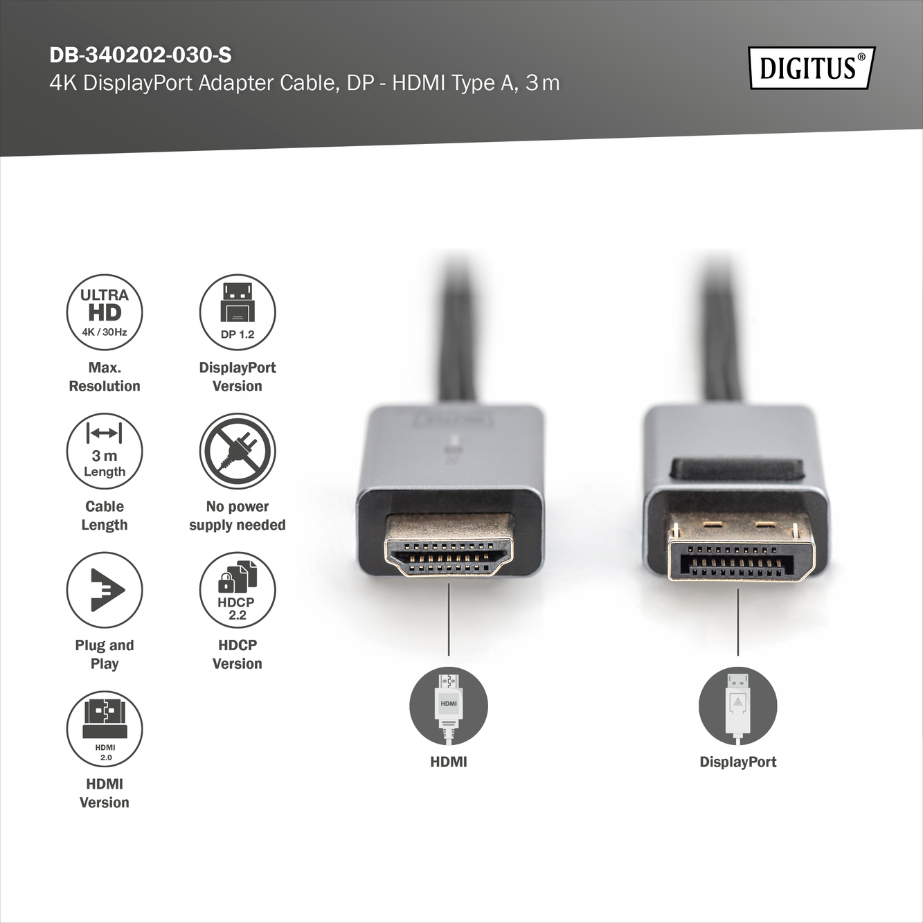4 K DisplayPort adapterkabel, DP - HDMI type A - Afbeelding 3
