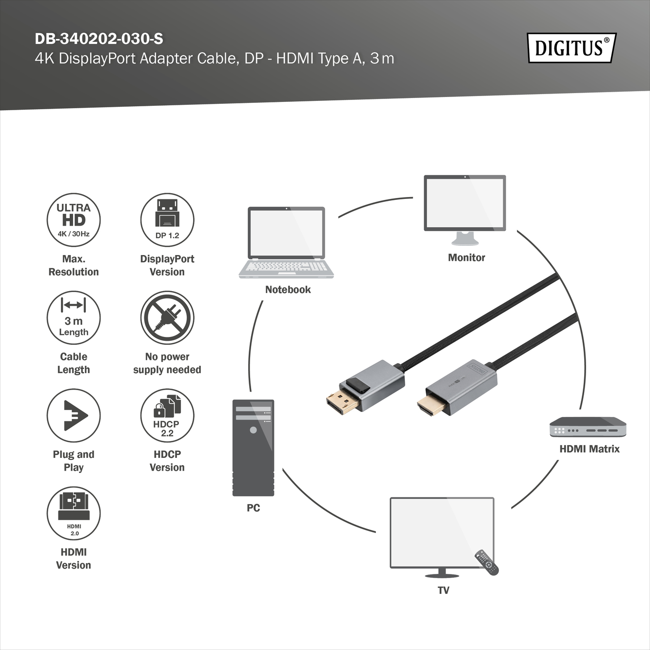 4 K DisplayPort adapterkabel, DP - HDMI type A - Afbeelding 4