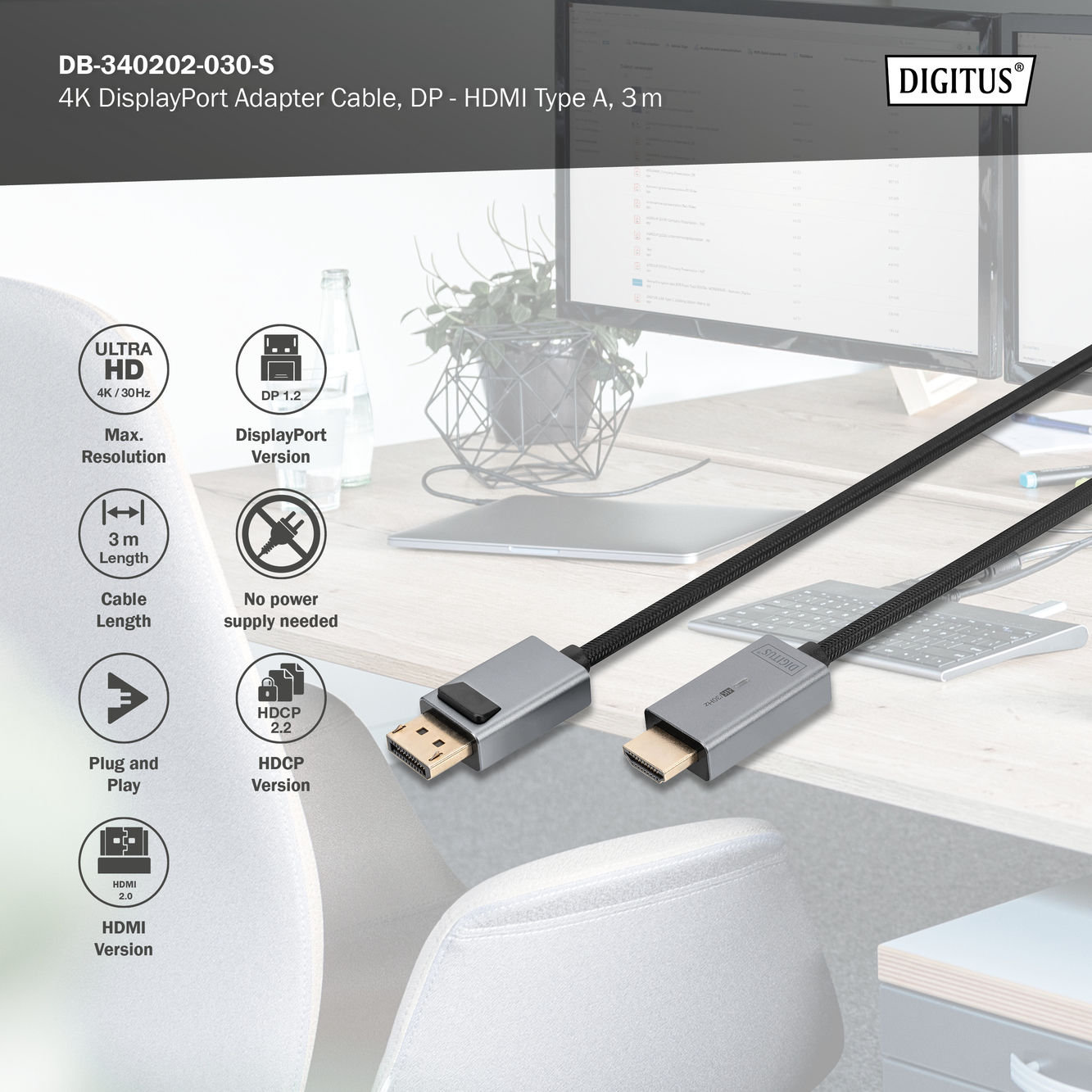 4 K DisplayPort adapterkabel, DP - HDMI type A - Afbeelding 5